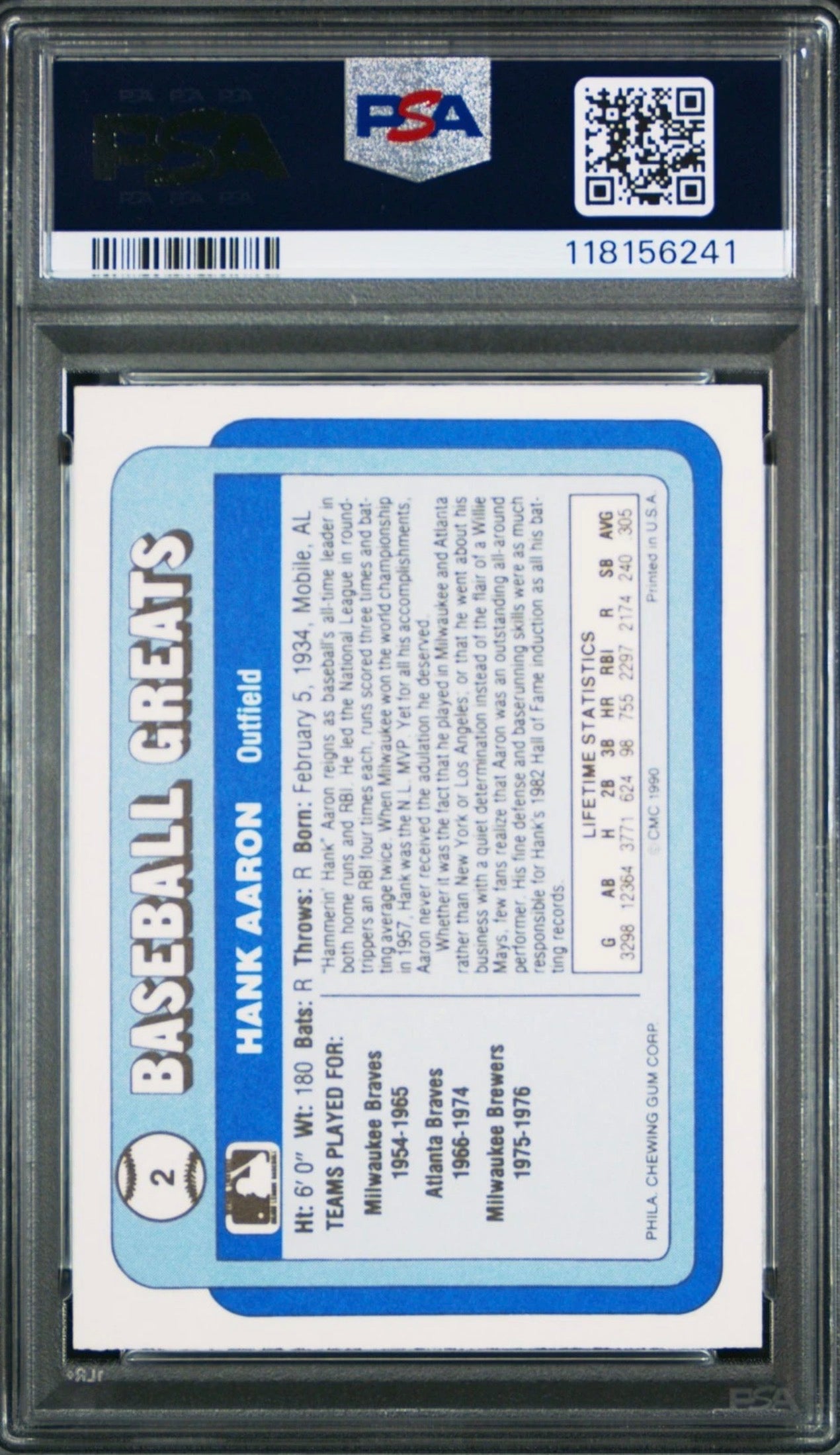 1990 SWELL BASEBALL GREATS #2 HANK AARON PSA 9
