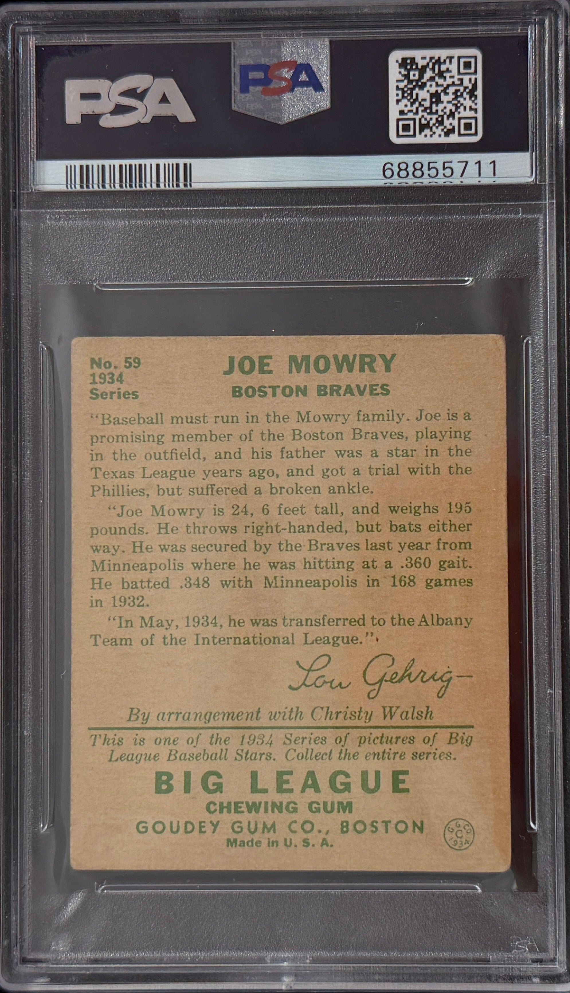 1934 Goudey Joe Mowry #59 Boston Braves PSA 3.5