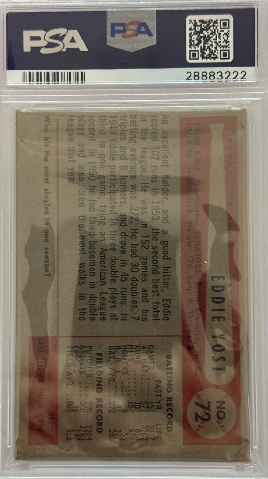 1954 Bowman Eddie Yost #PSA 7 #72 Washington Senators