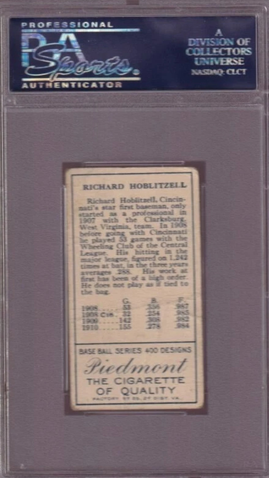 1909 T205 Richard Hoblitzell Win after 1908 stats PSA 2