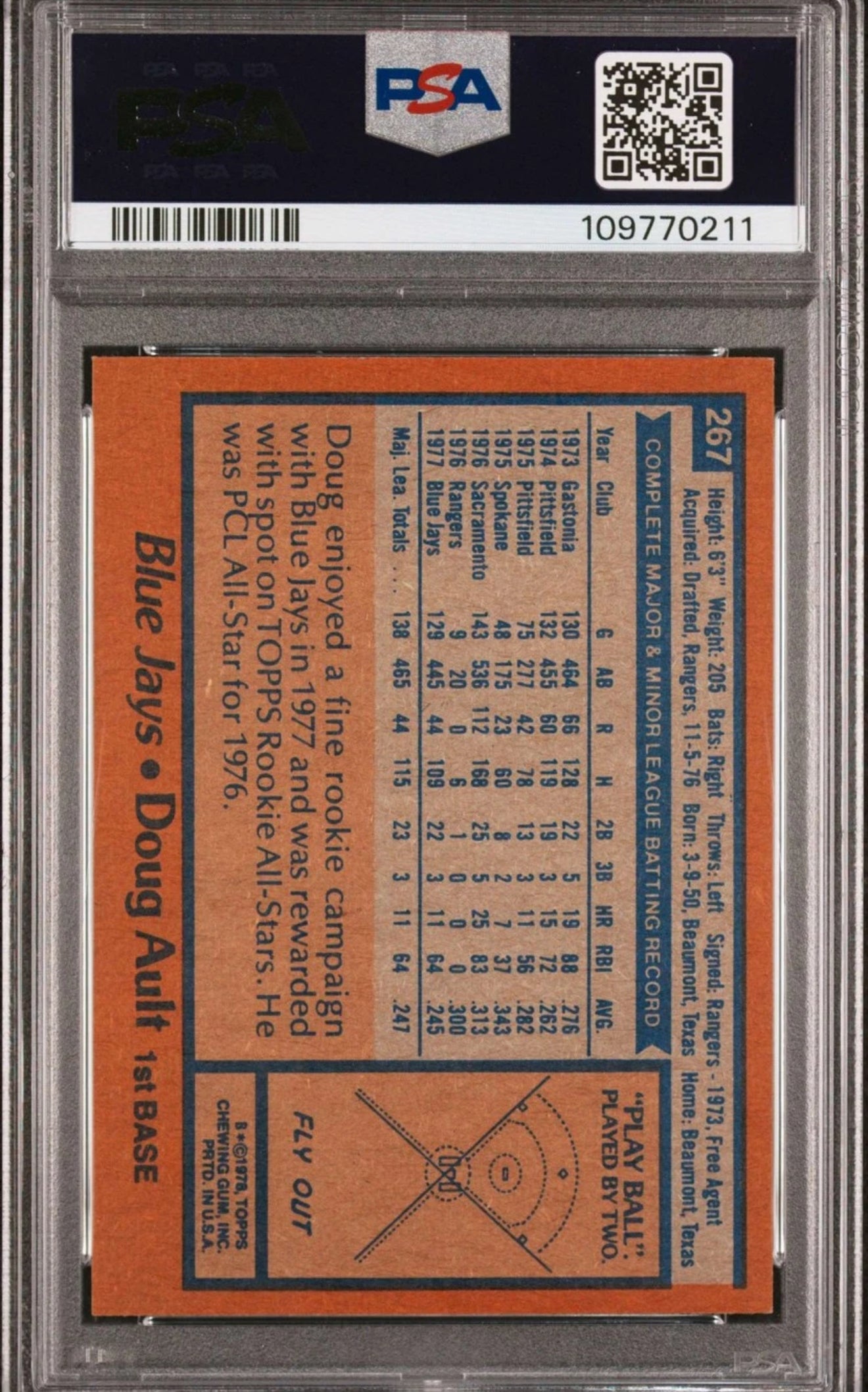 1978 TOPPS ALL-STAR ROOKIE #267 DOUG AULT BLUE JAYS PSA 8