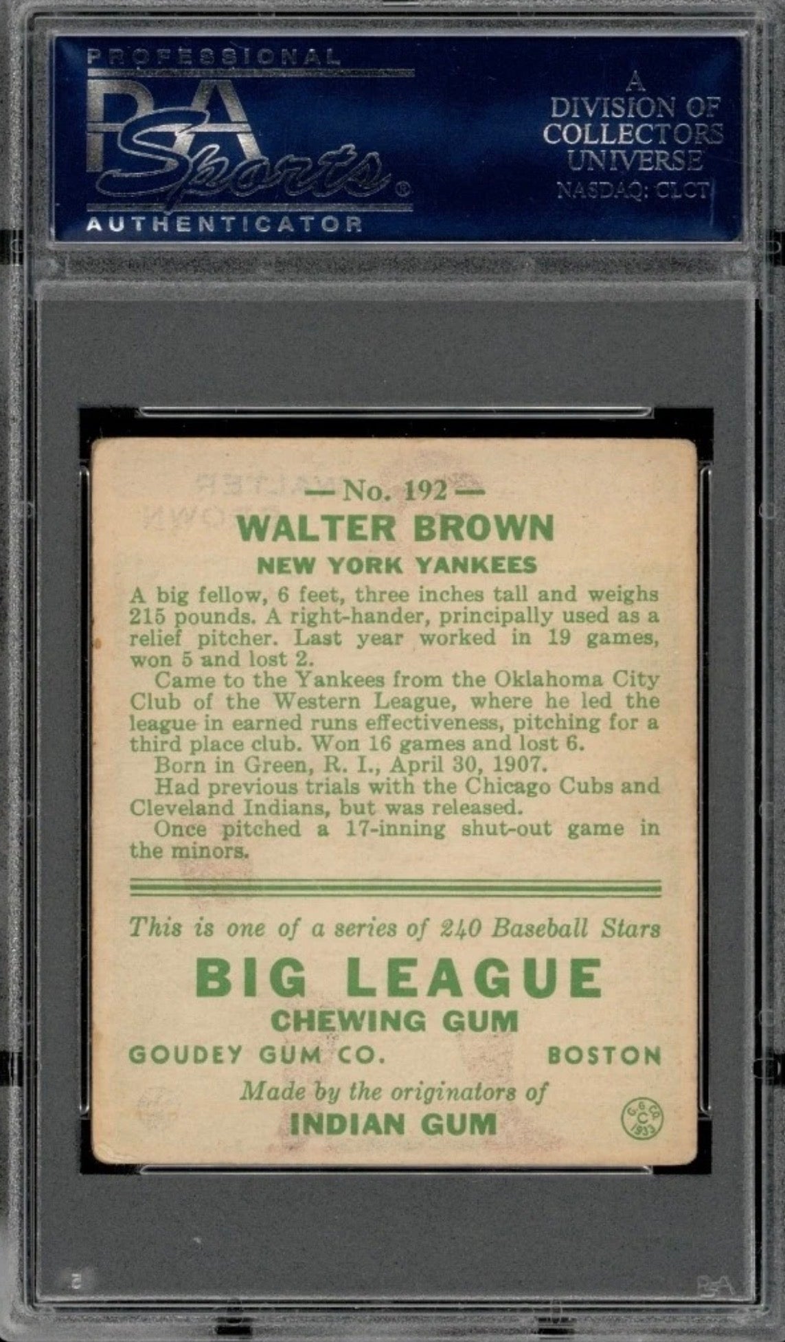 1933 Goudey Set-Break #192 Walter Brown PSA 2 GOOD