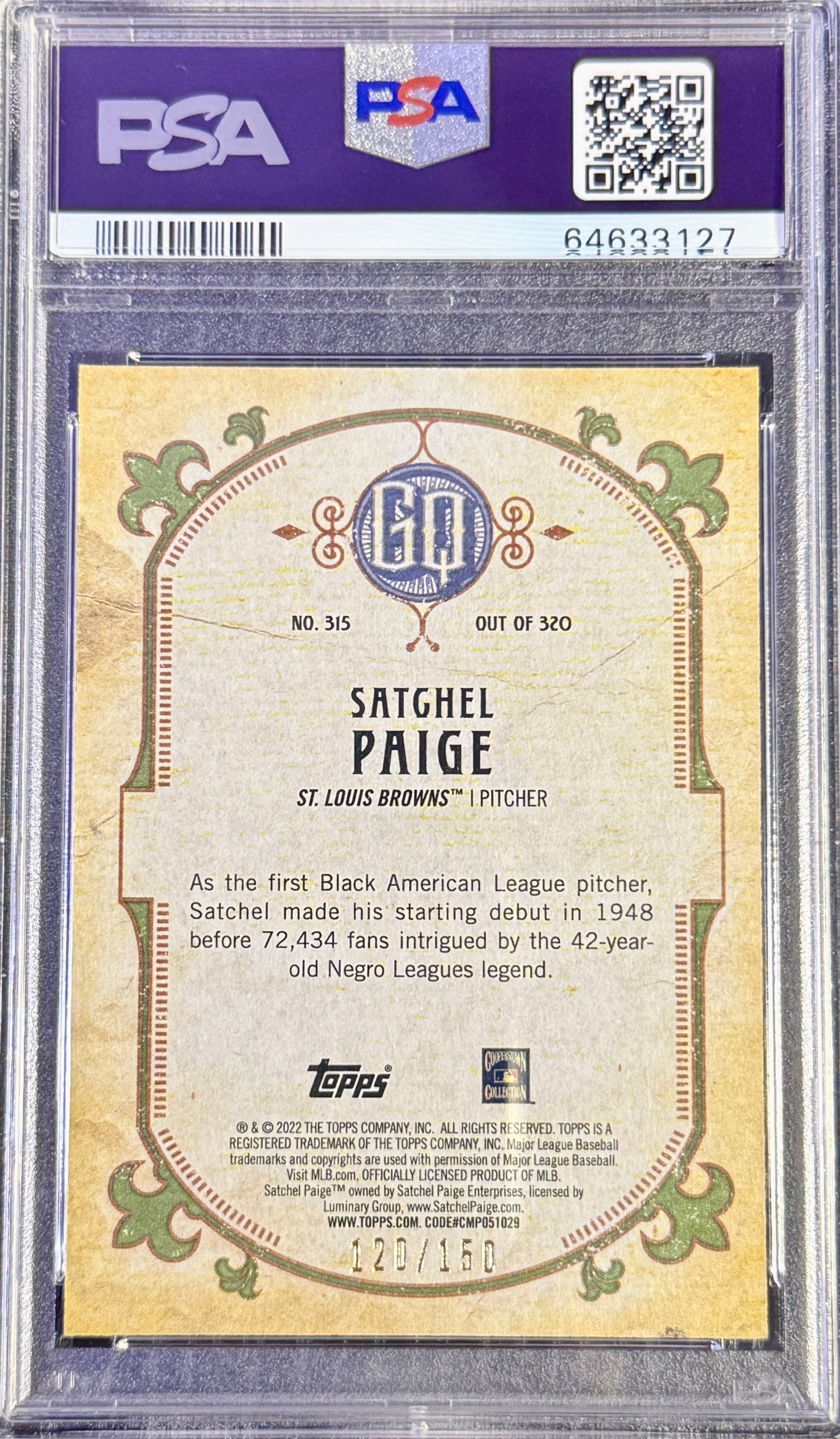 2022 Topps Satchel Paige SP-Blue PSA 9