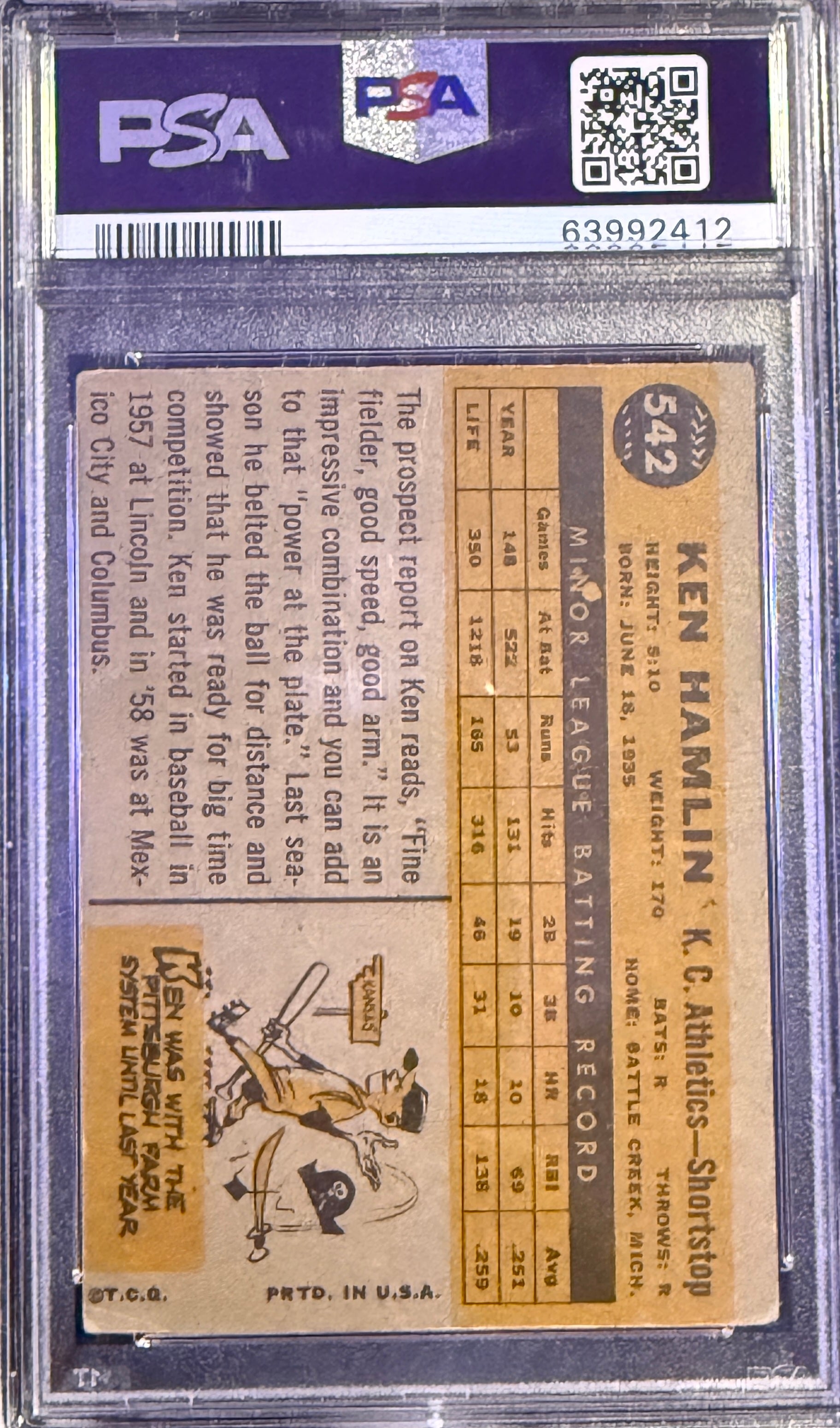 1960 Topps Ken Hamlin Rookie RC #542 Kansas City PSA 2.5