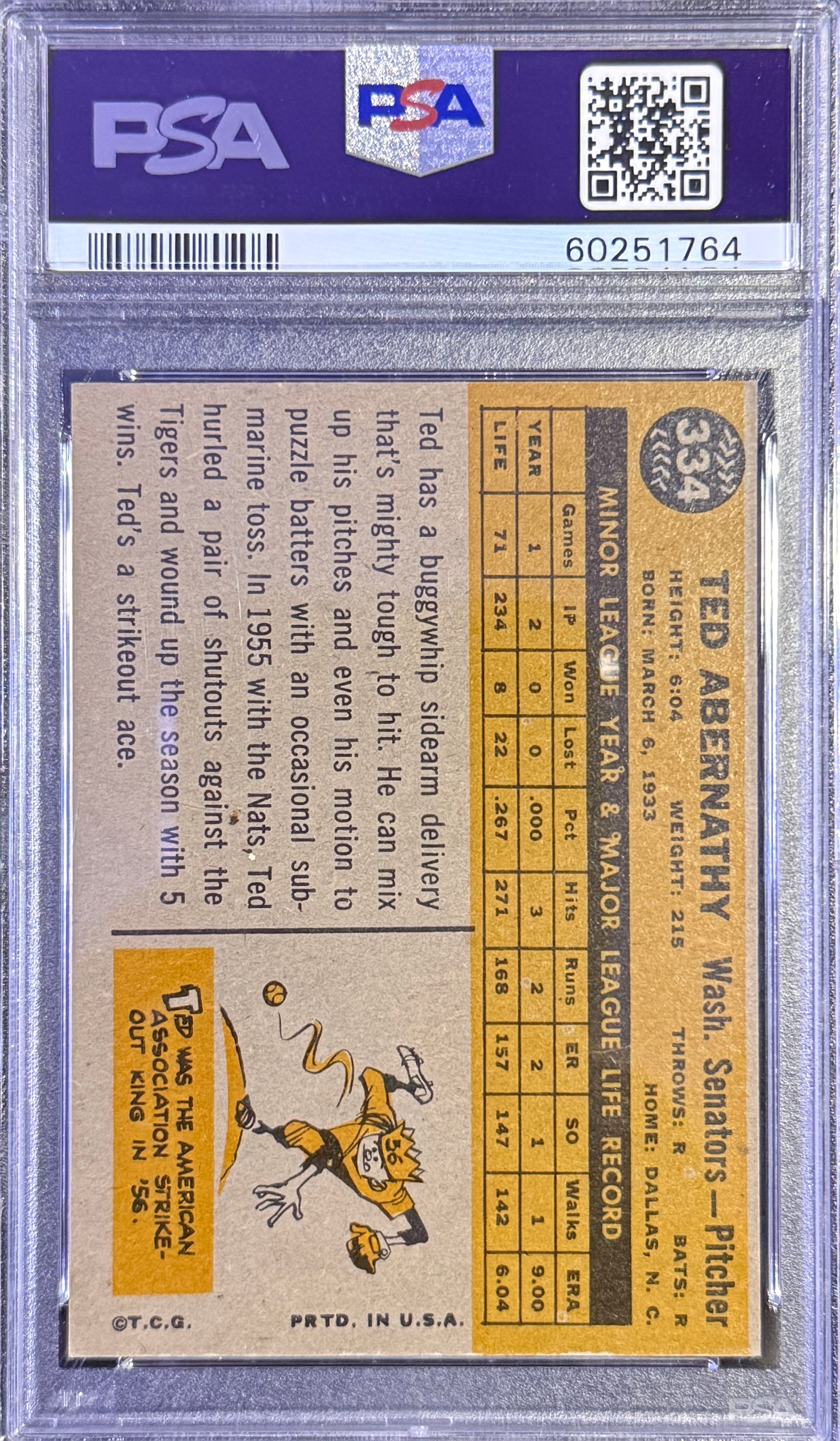 1960 Topps Ted Abernathy #334 PSA 6 Ex-Mt