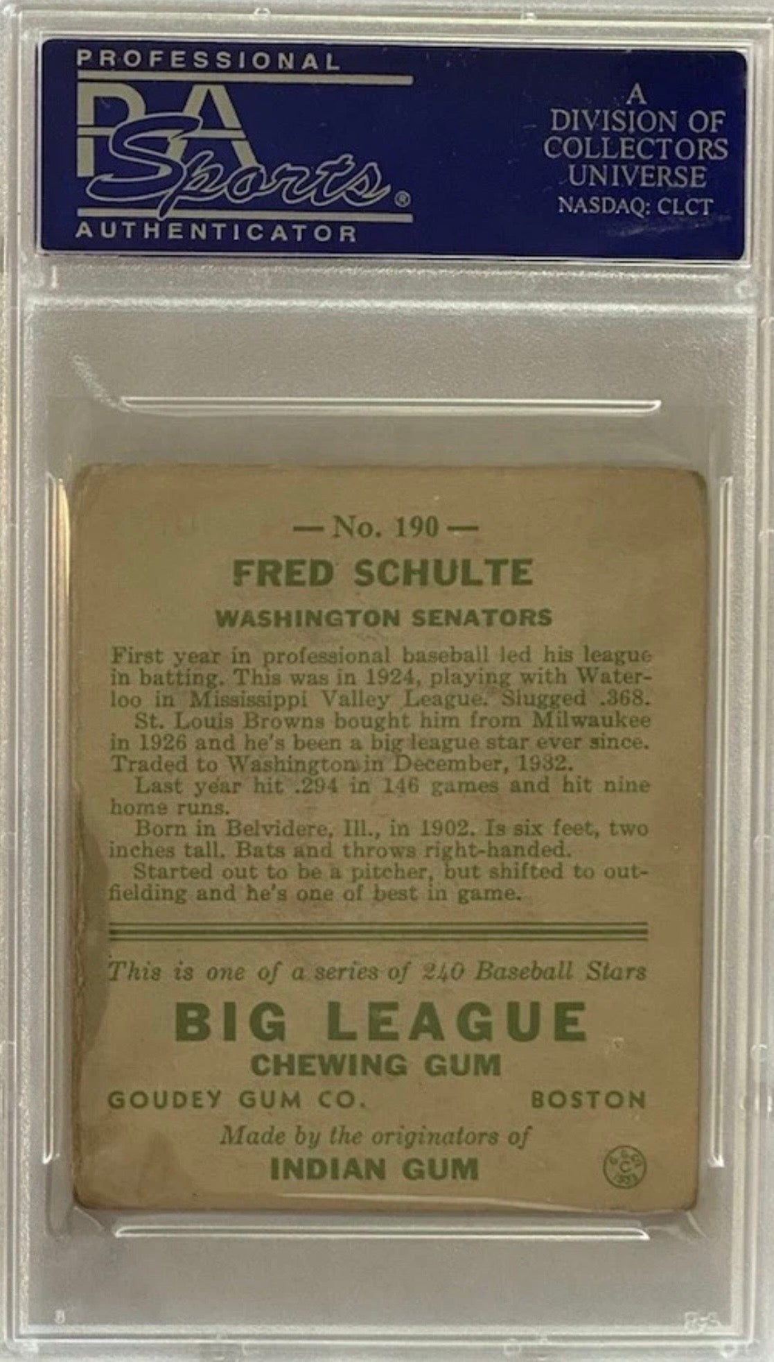 1933 Goudey Fred Schulte #190 Rookie Card Washington Senators PSA 2 GOOD