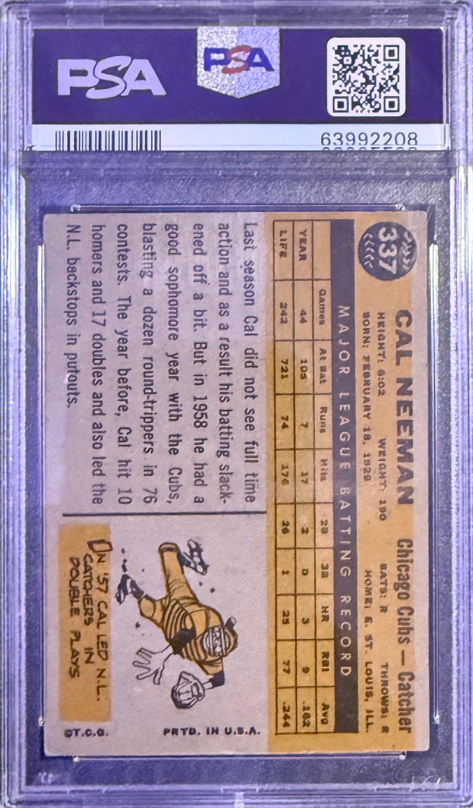 1960 Topps Cal Neeman #337 Chicago Cubs PSA 4