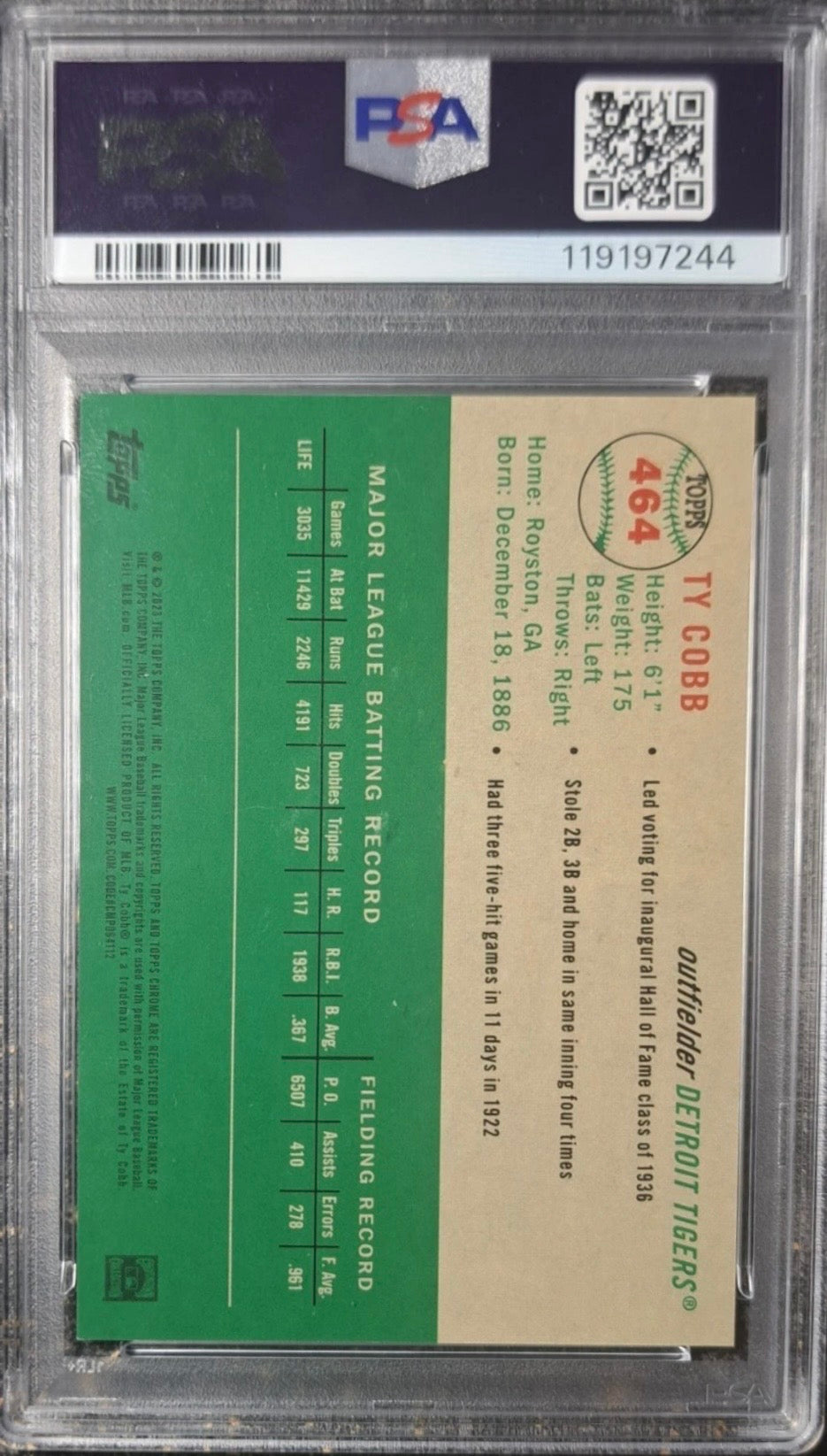 2023 Topps Chrome Platinum #464 Ty Cobb. Blue Diamond Refractor 178/199 fresh grade PSA 9 MINT