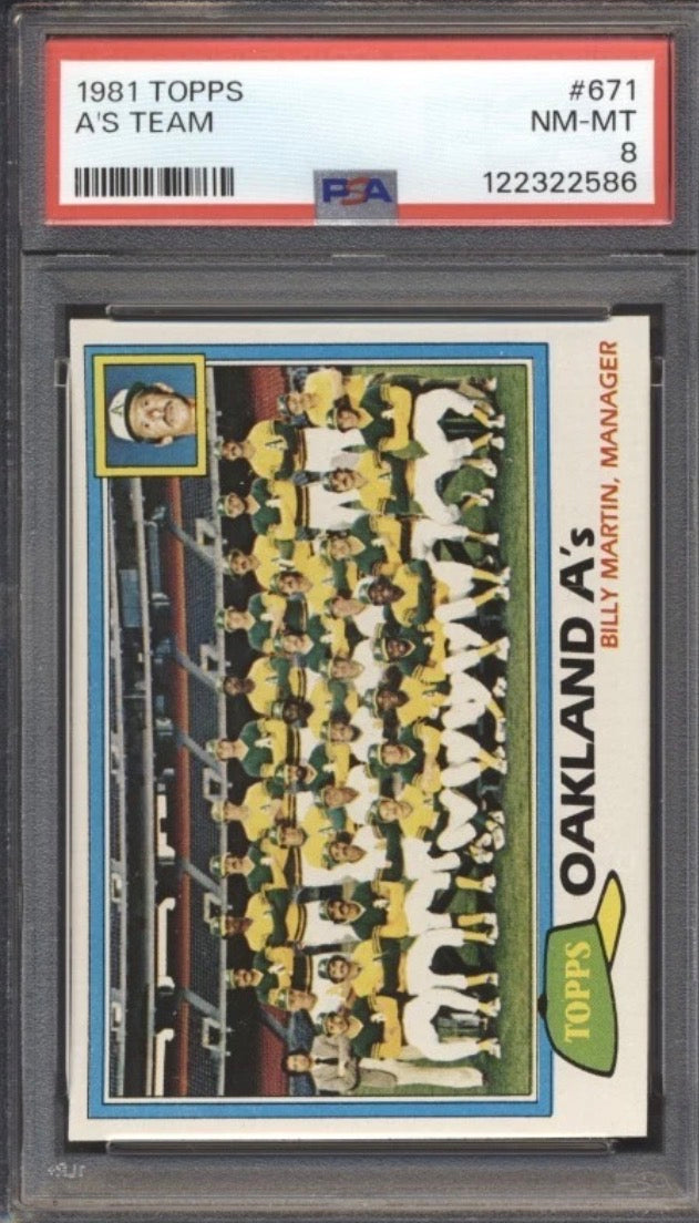 1981 Topps Baseball A’s team card PSA 8