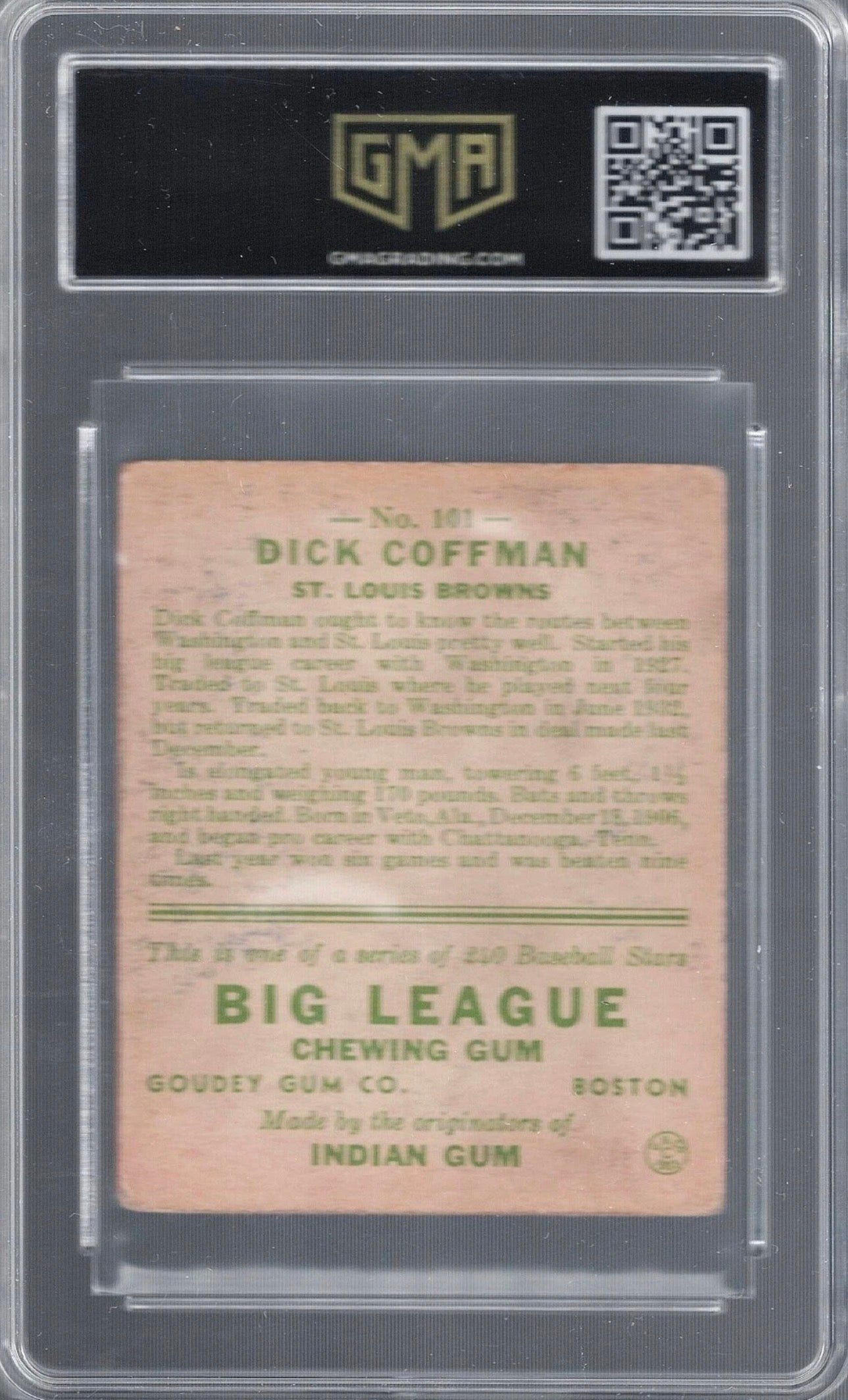 GMA 4  1933 Goudey #101 Richard Dick COFFMAN RC, St. Louis Browns