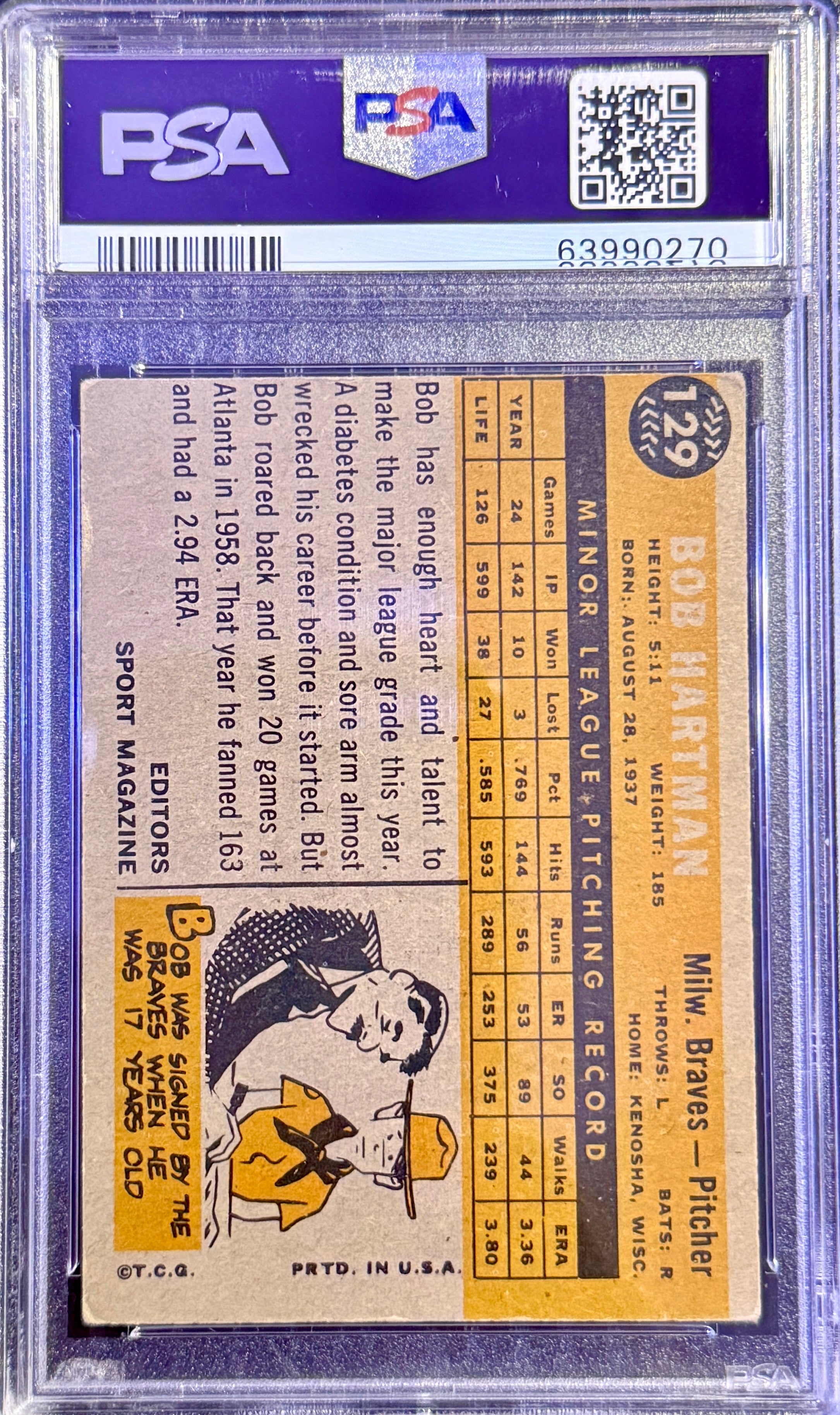 1960 Topps Bob Hartman #129 Milwaukee Braves PSA 3