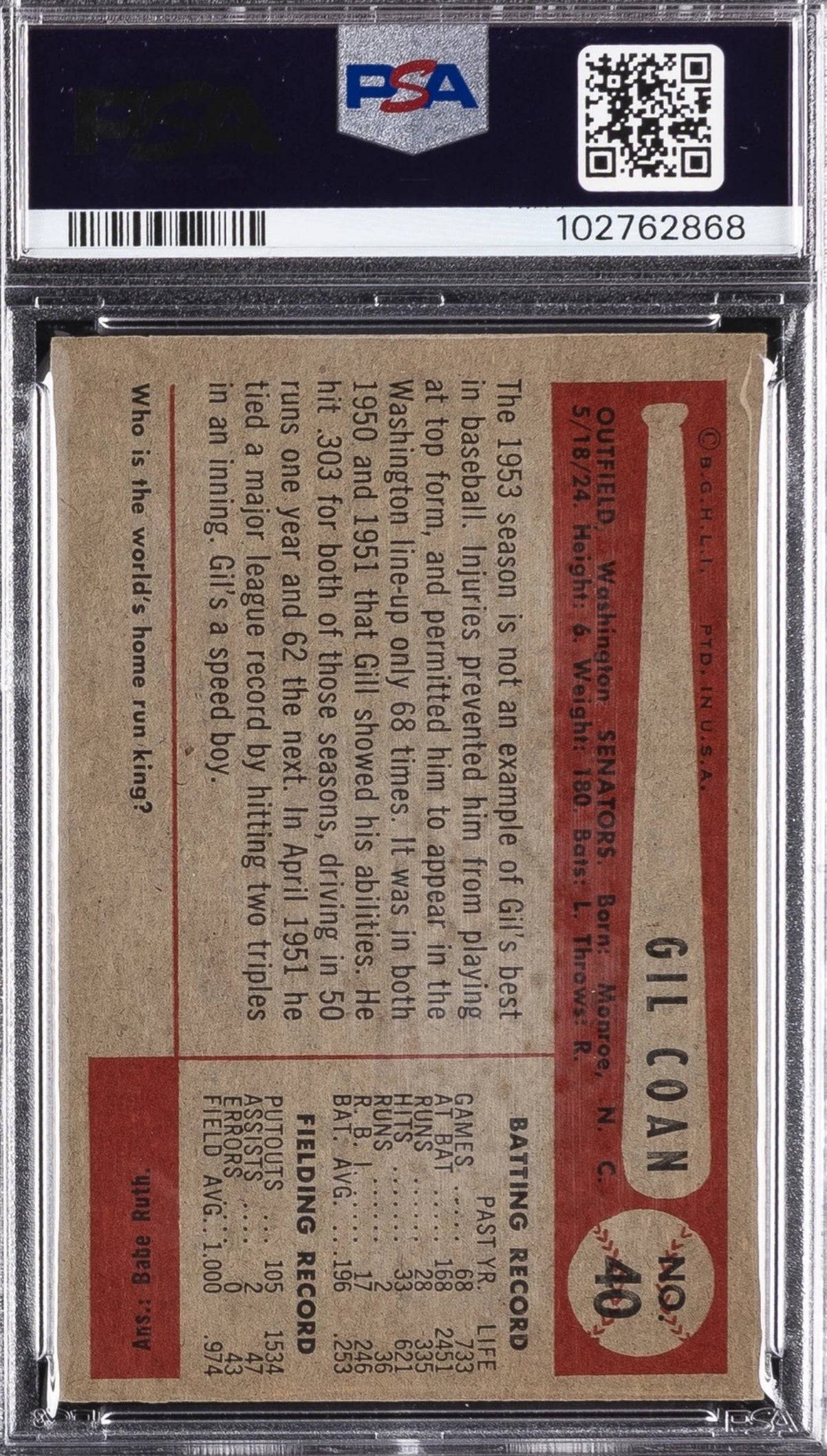 1954 BOWMAN #40 GIL COAN PSA 4.5