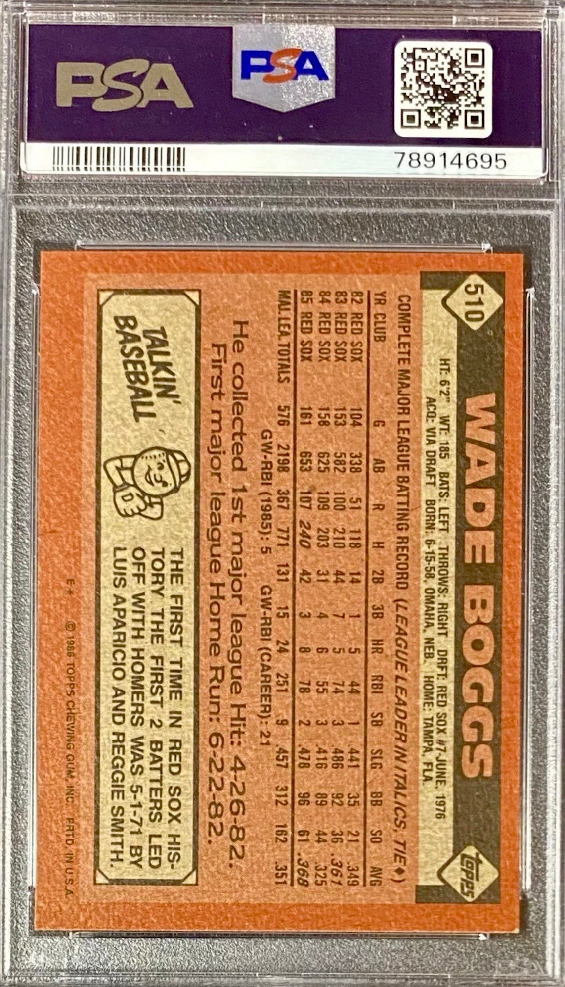 1986 Topps #510 Wade Boggs PSA 8 HOF