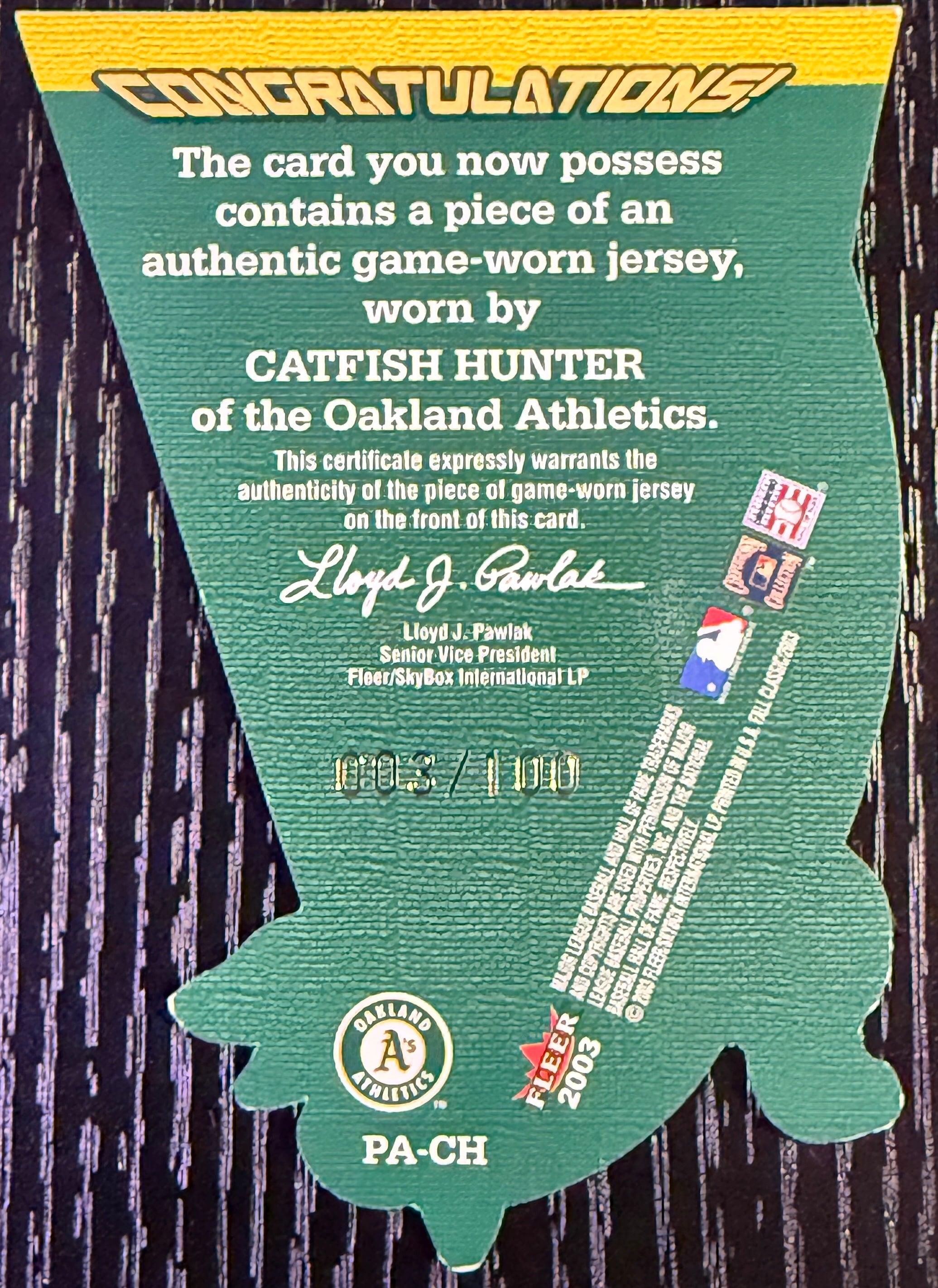 Catfish Hunter 2003 Fleer Game worn jersey section