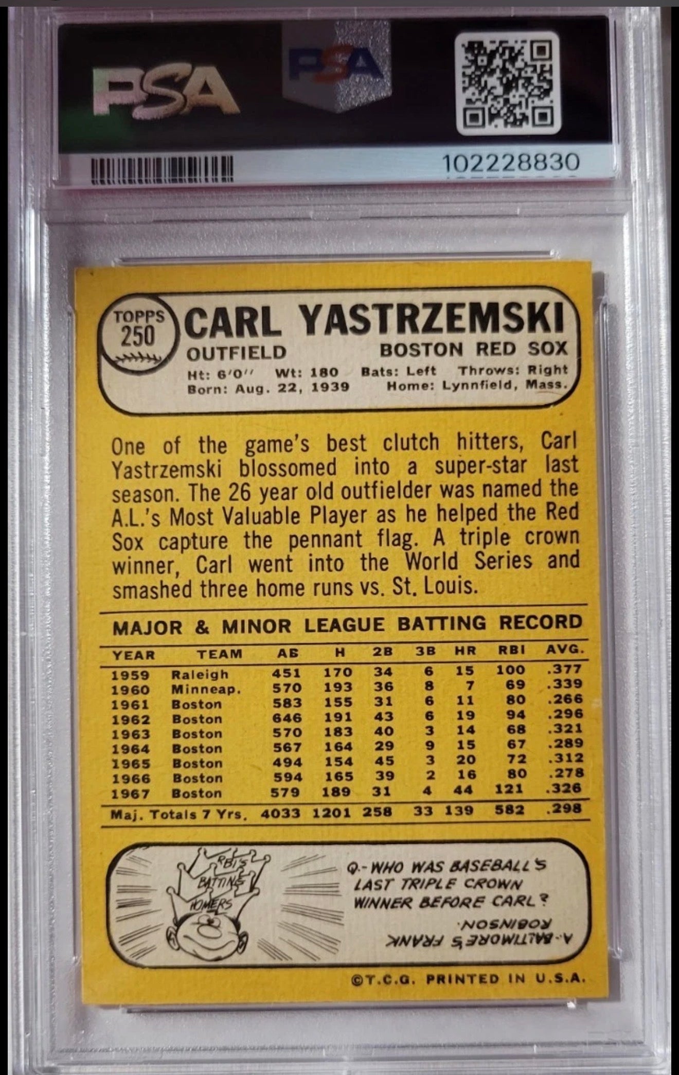 1968 TOPPS #250  Carl Yastrzemski  PSA 5 EX Great Centering! Beautiful Slab