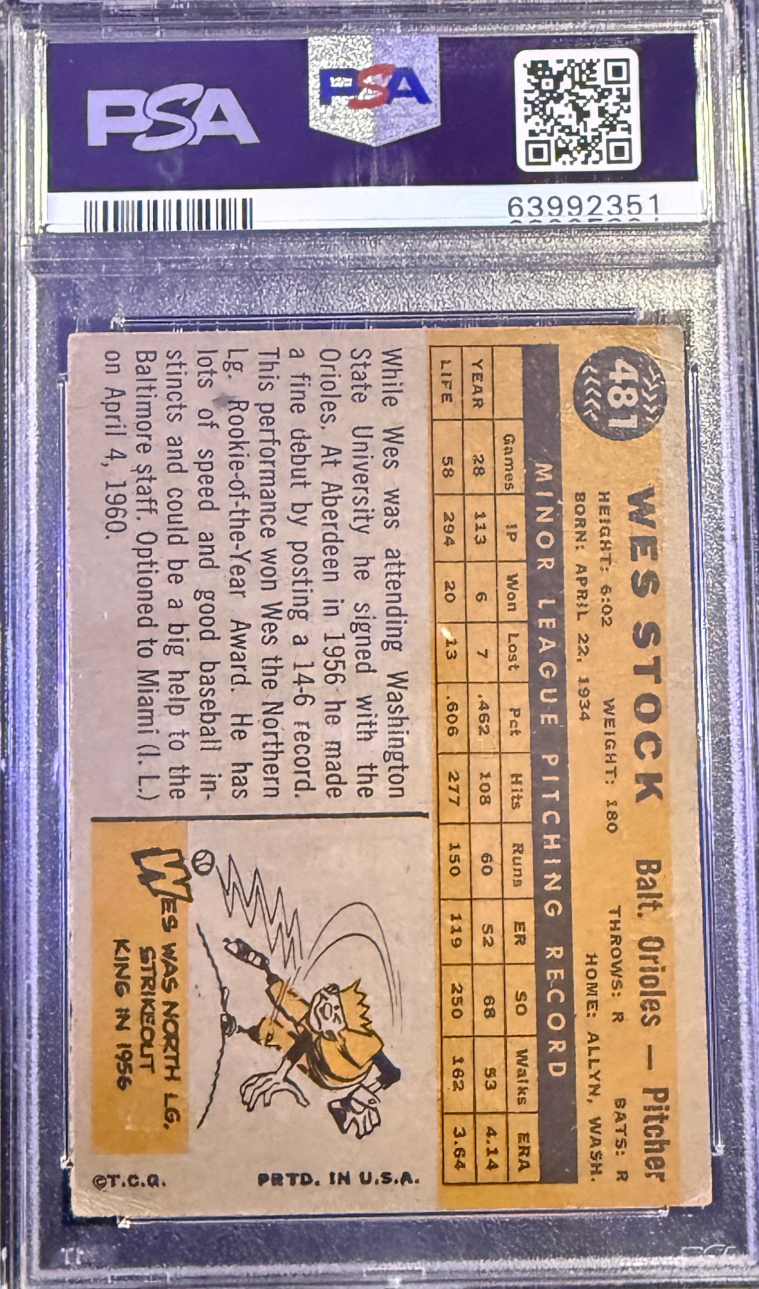 1960 Topps Wes Stock Rookie RC #481 Baltimore Orioles PSA 3