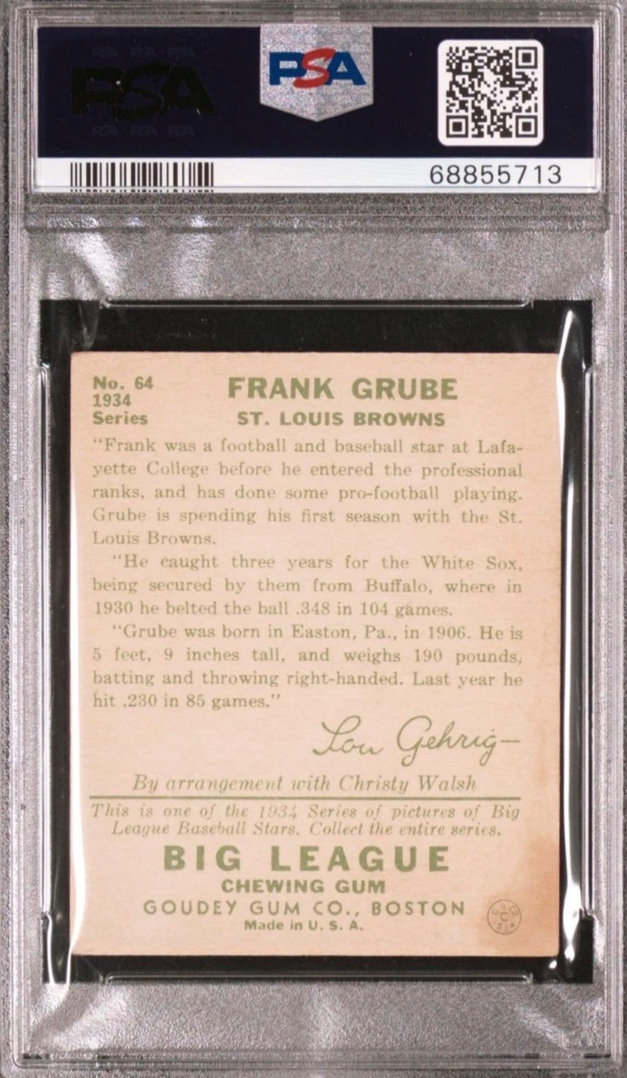 1934 Goudey - Frank Grube #64 - PSA 3VG /great color sharp corners