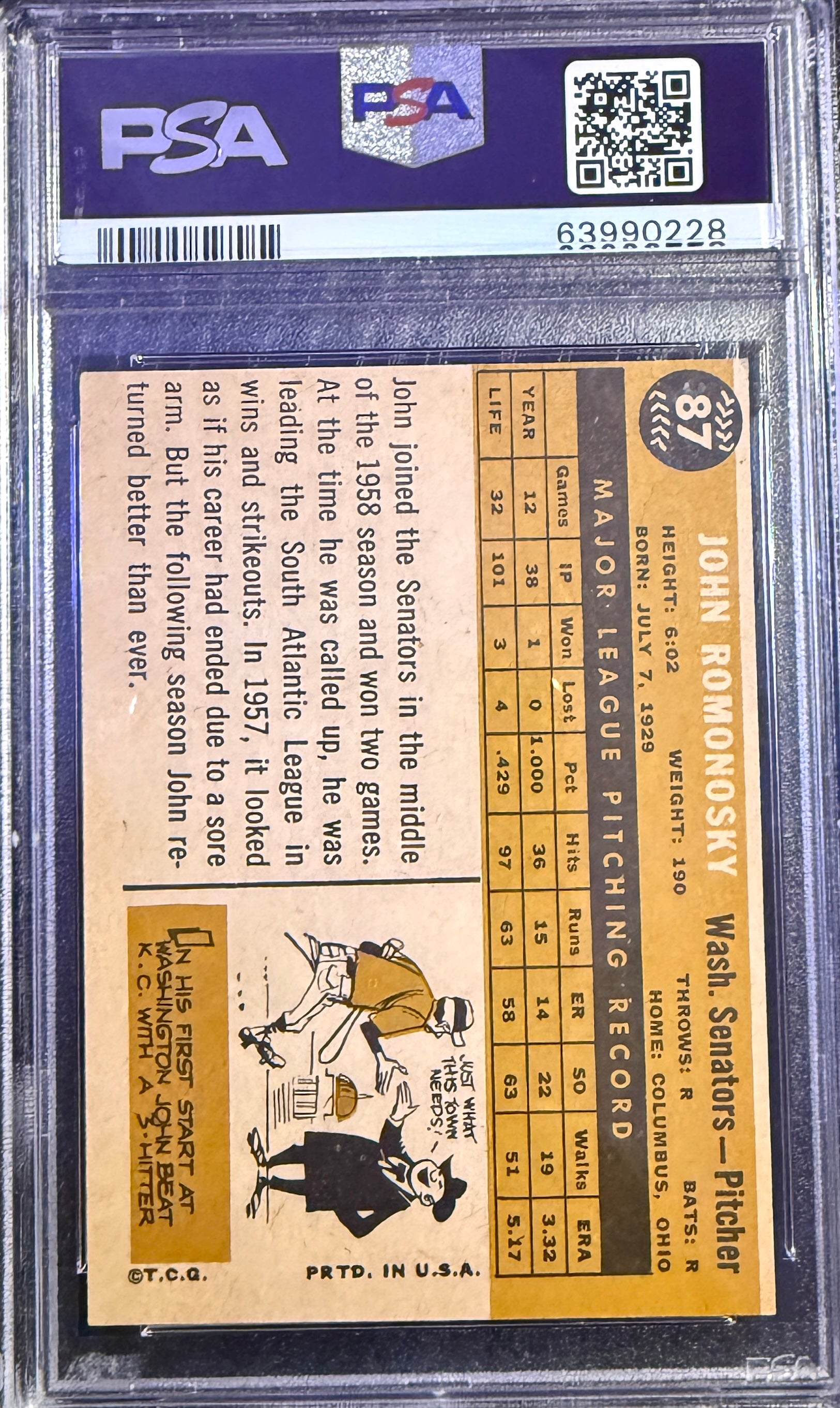 1960 Topps John Romonosky #87 Washington Senators PSA 6