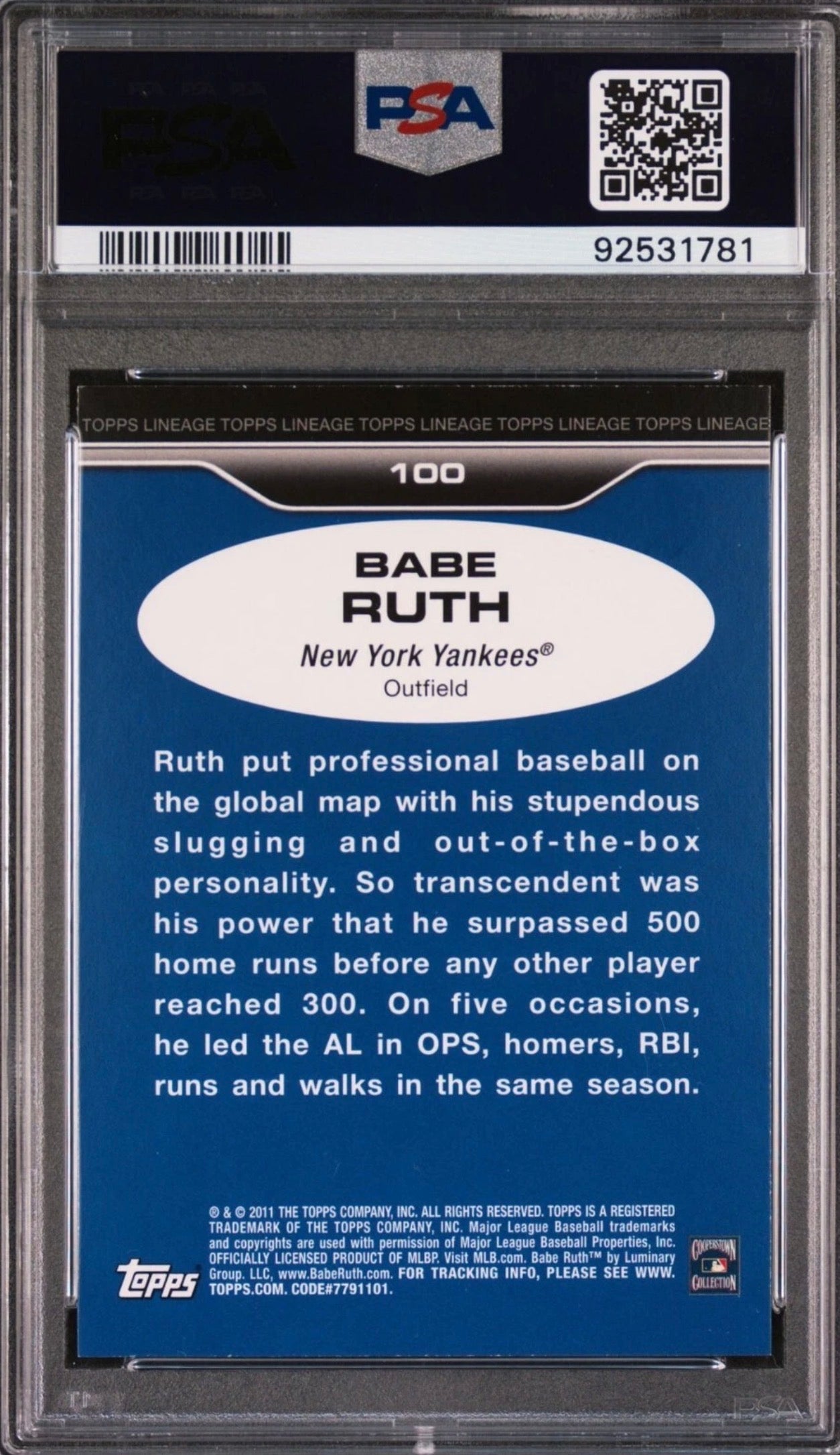 2011 Topps Lineage Baseball Babe Ruth Diamond Anvrs PLT Card #100 PSA Mint 9