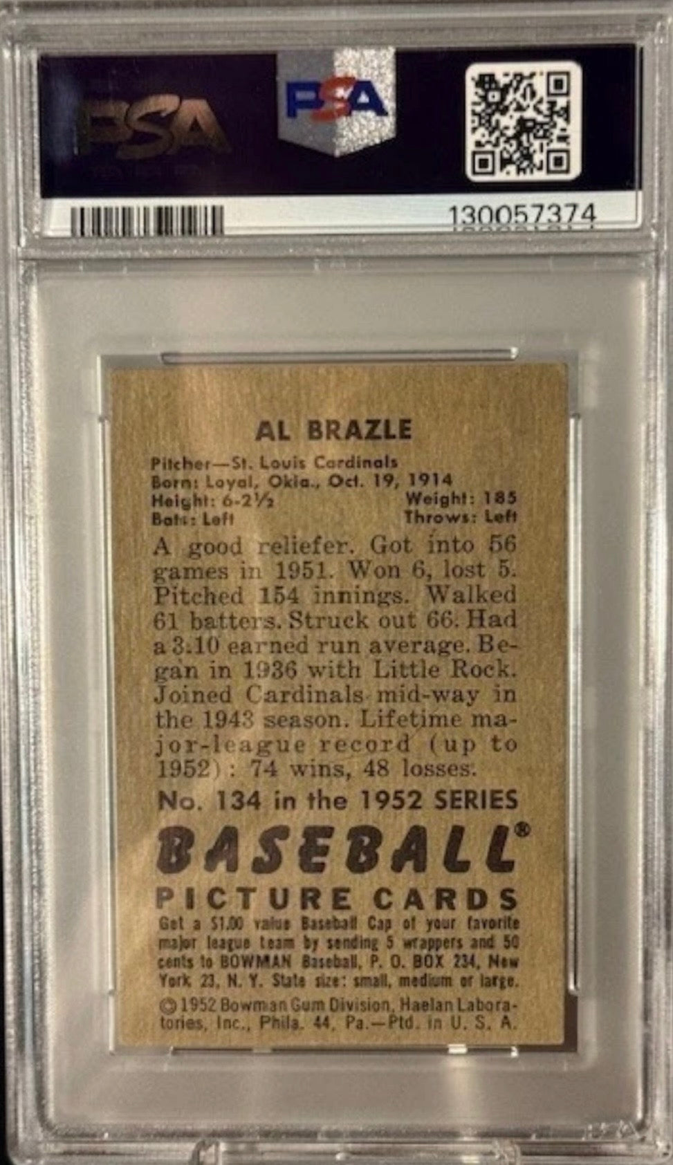 Al Brazle #134 | Baseball Cards 1952 Bowman PSA 3  VG