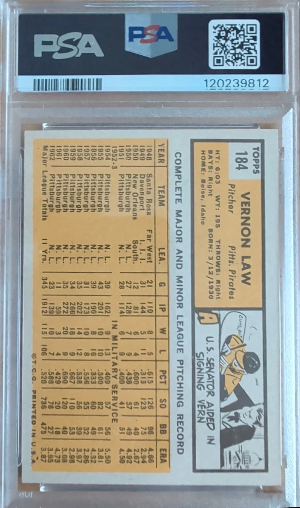 1963 Topps - Vern Law #184 PSA 5