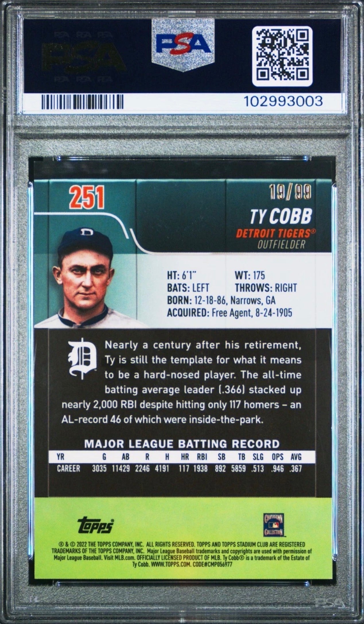 2022 Topps Stadium Club Chrome 251 Ty Cobb Green Refractor #19/99 PSA 10 POP 4