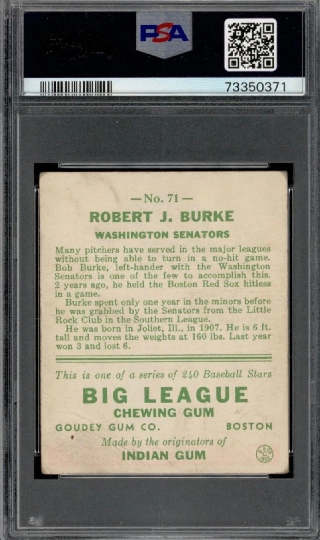 1933 Goudey Set-Break # 71 Robert J. Burke PSA 1 POOR