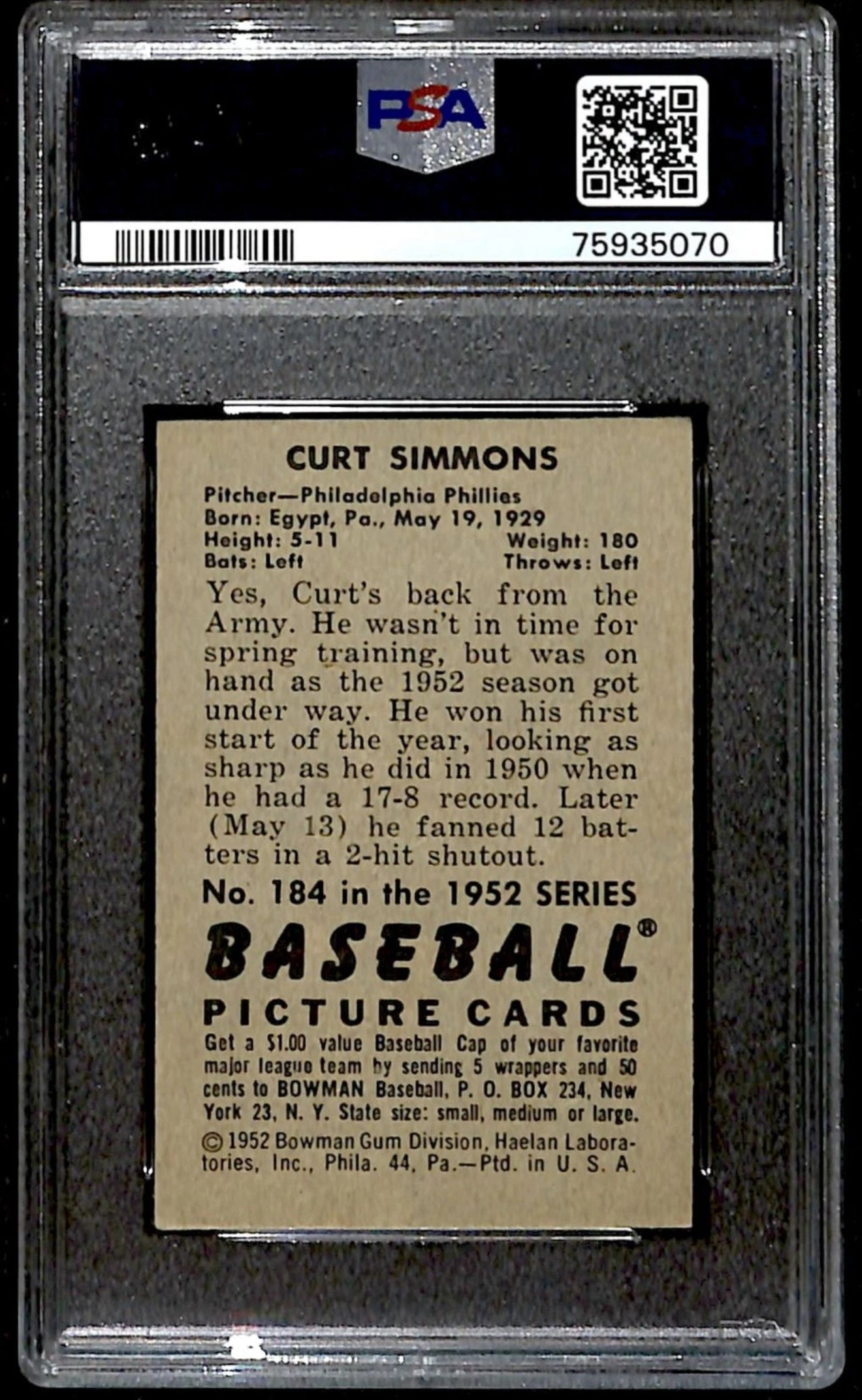 1952 Bowman Curt Simmons PSA 4