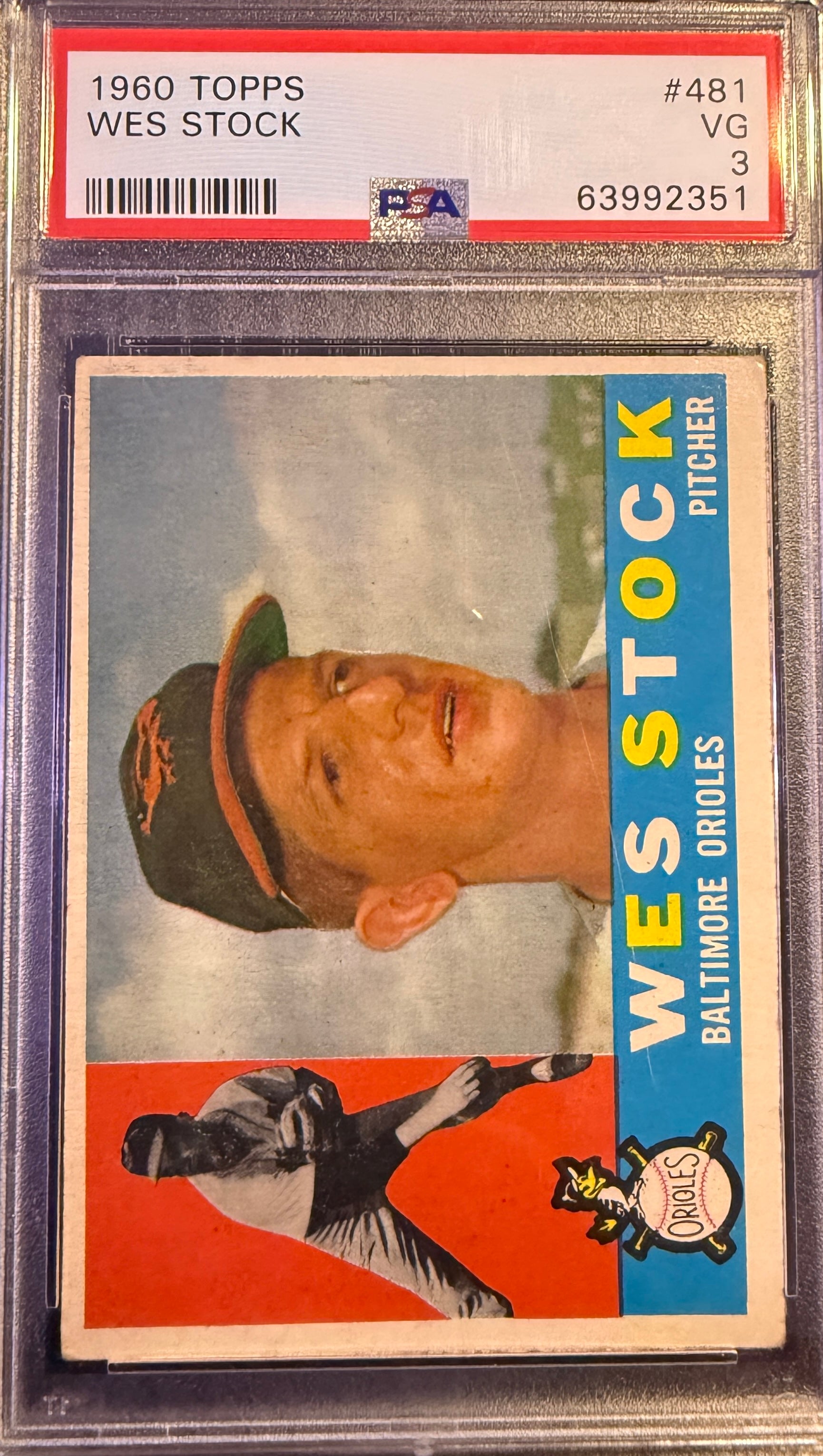 1960 Topps Wes Stock Rookie RC #481 Baltimore Orioles PSA 3