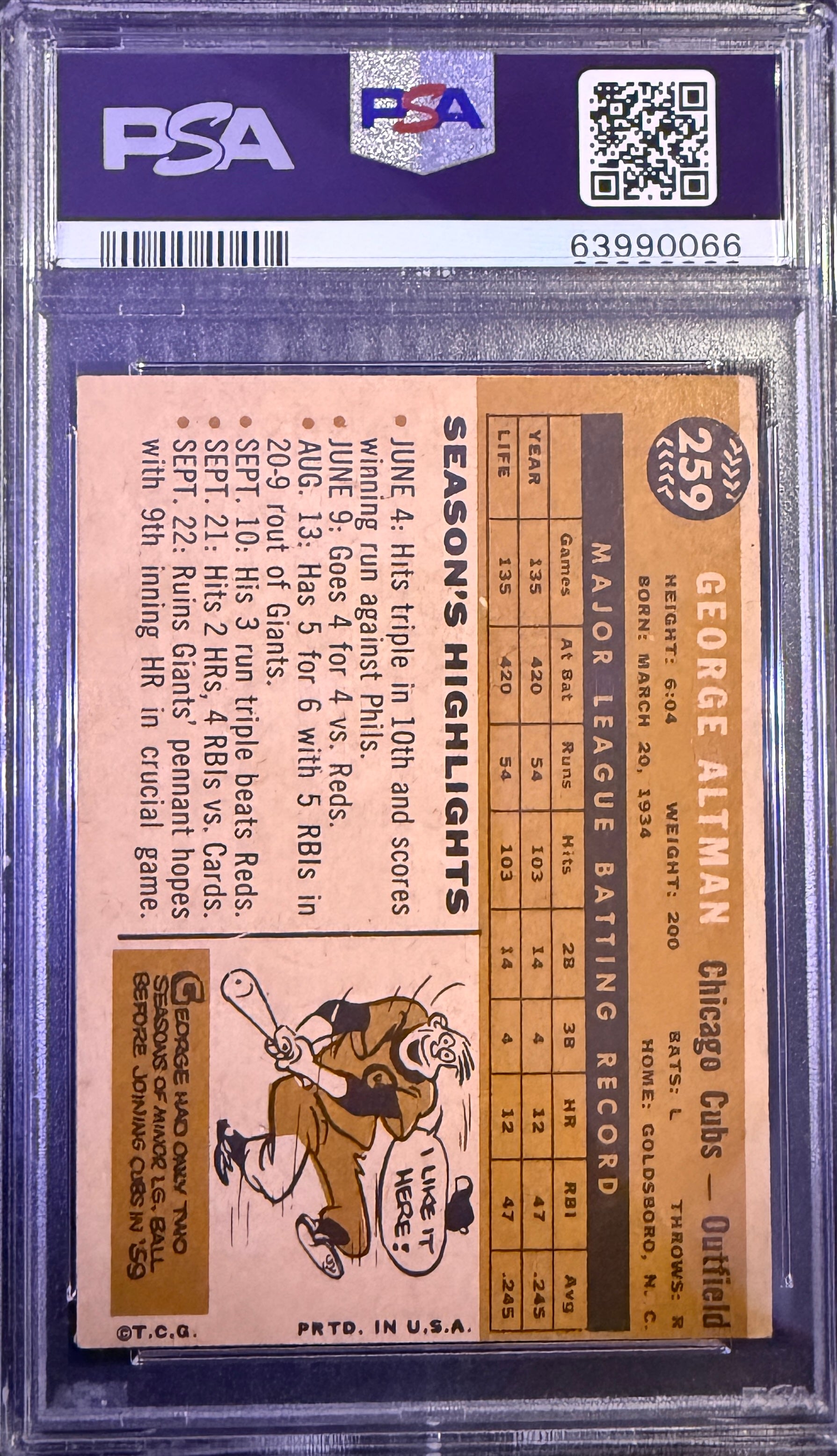 1960 Topps George Altman #259 Chicago PSA 4