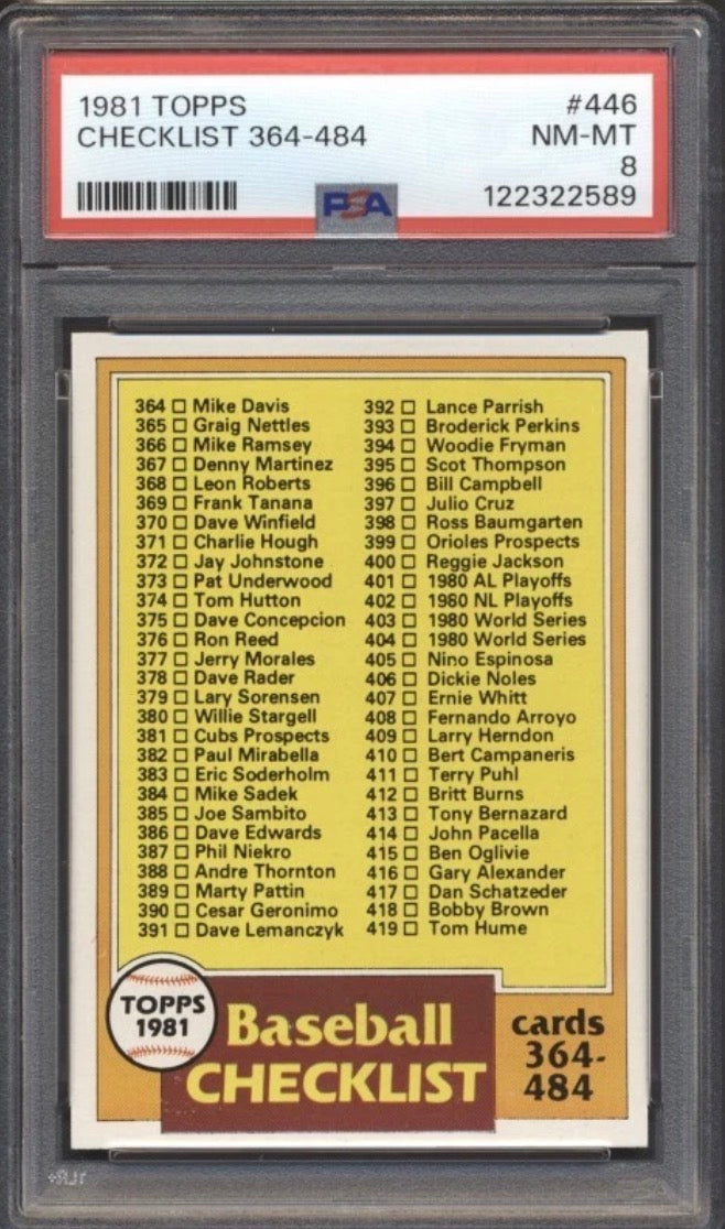 1981 Topps Baseball Checklist 374-484 card PSA 8