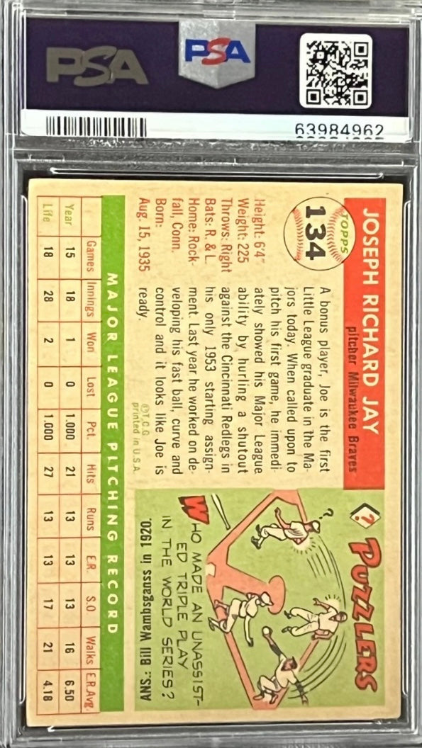 1955 Topps Joe Jay #134 Milwaukee Braves PSA 4