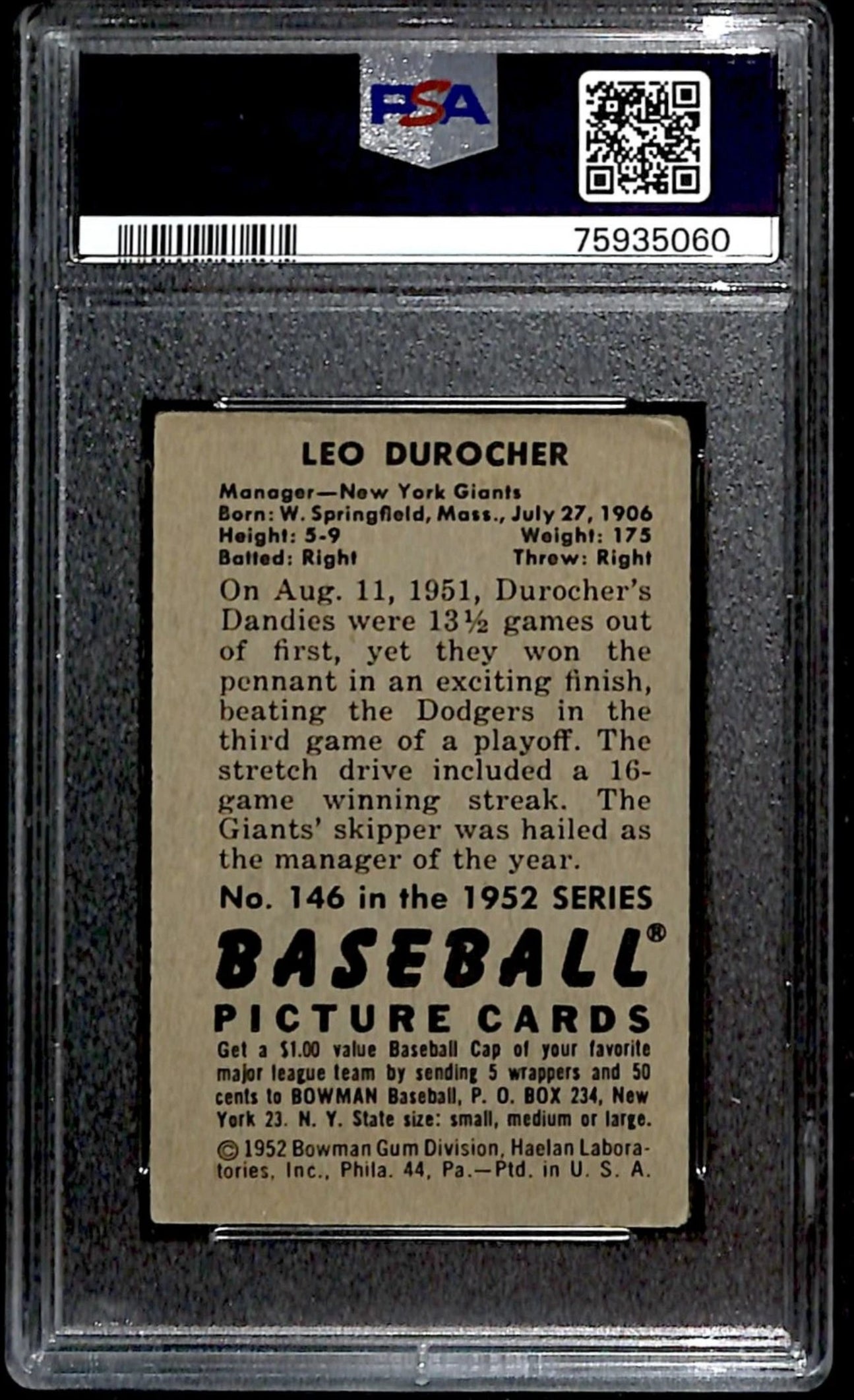 1952 Bowman Leo Durocher PSA 3