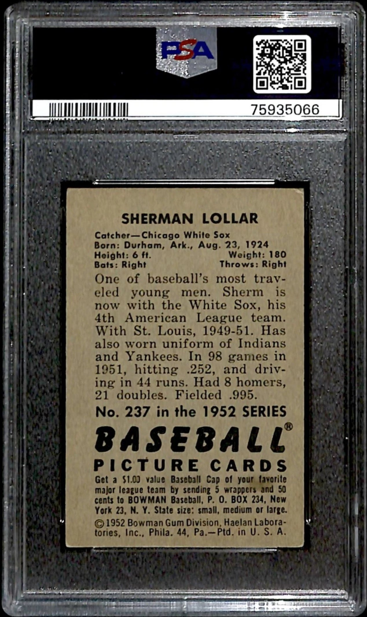 1952 Bowman Sherman Lollar PSA 4