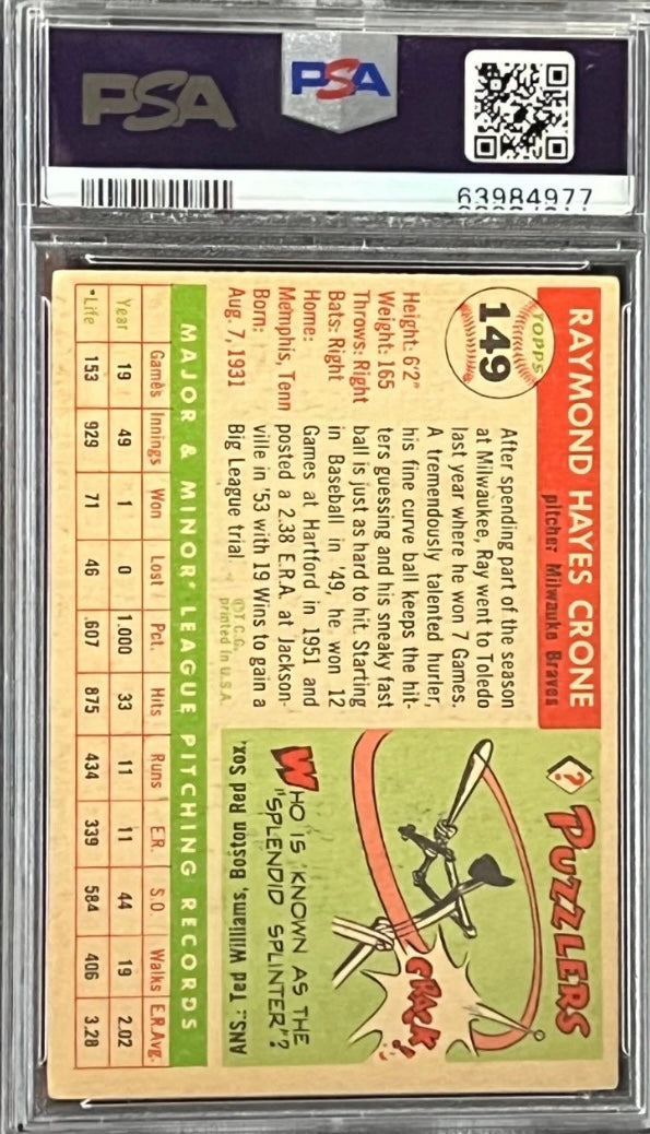 1955 Topps Ray Crone #149 Milwaukee Braves PSA 3