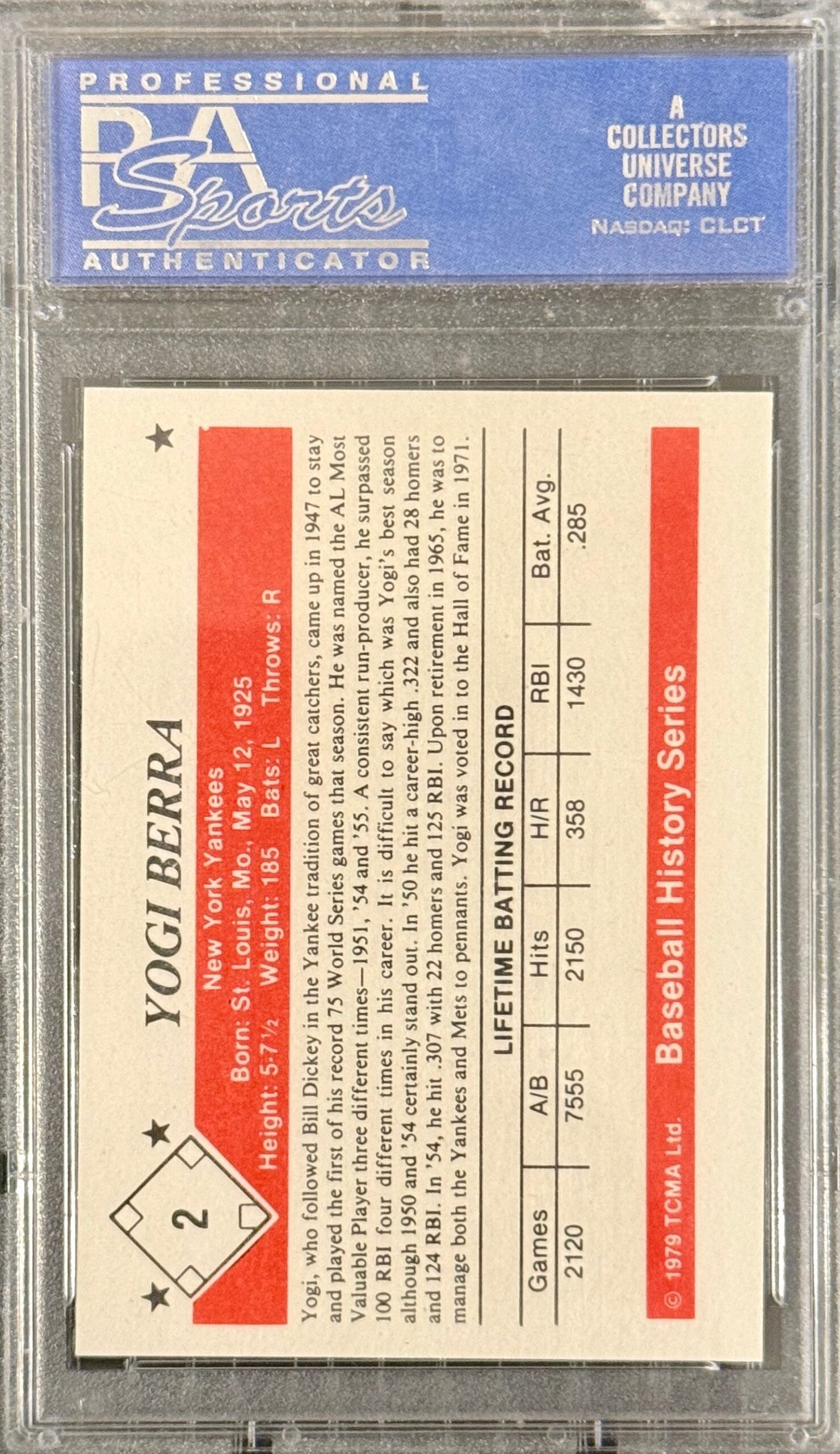 1979 TCMA Yogi Berra #2 PSA 9 — reverse