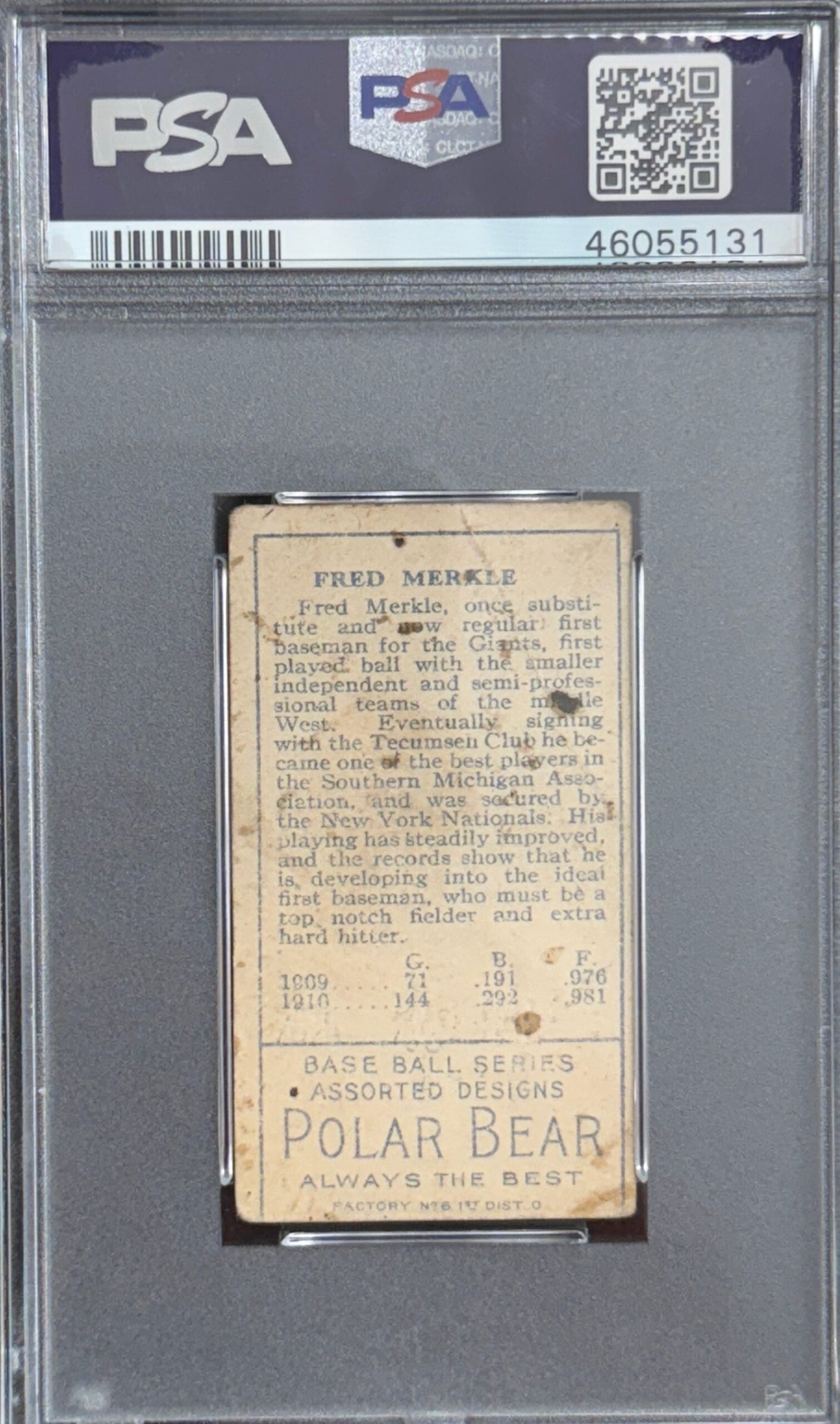 1911 T205 Fred Merkle PSA 1 — reverse