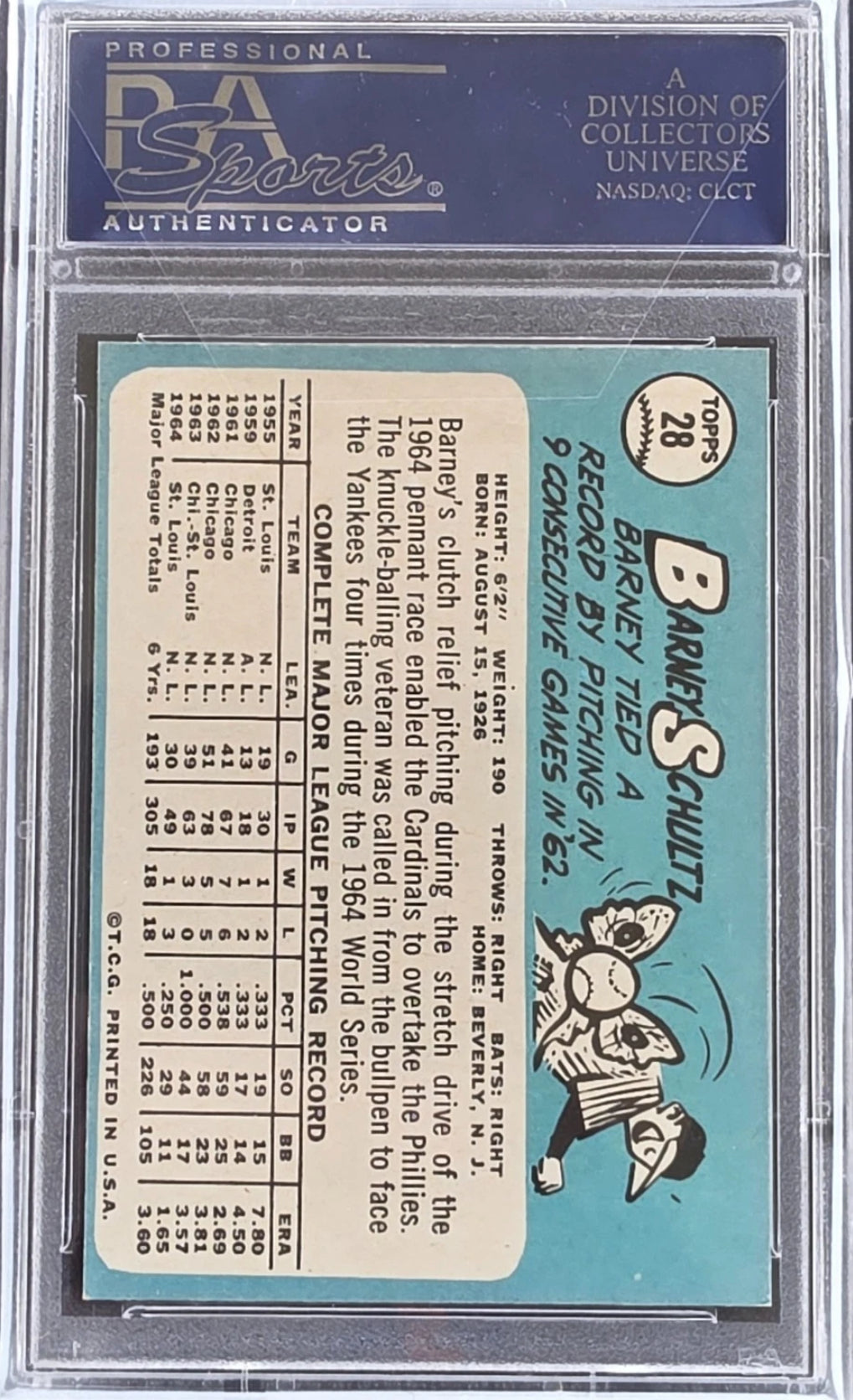 1965 Topps Baseball #28 - Barney Schultz — reverse