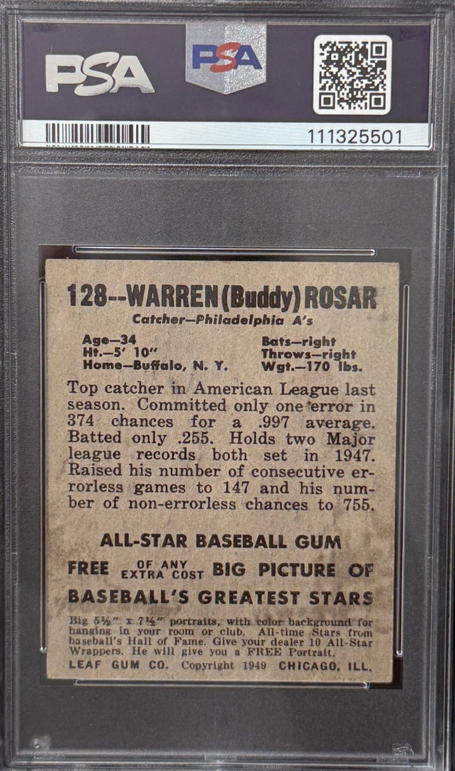 1948 Leaf Warren (Buddy) Rosar PSA 3 #128 — reverse