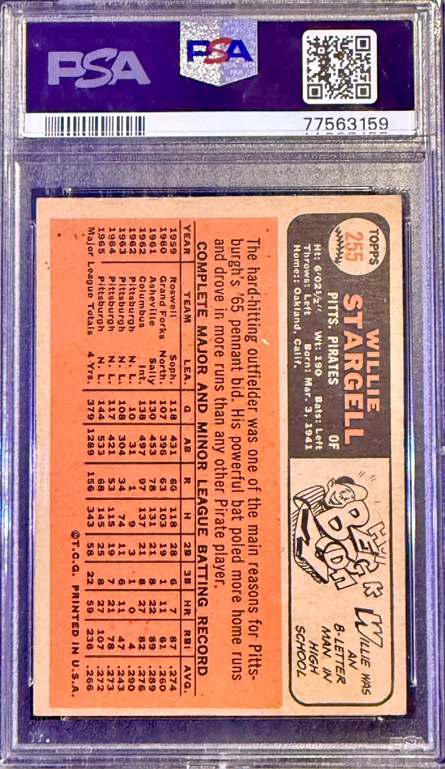 1966 Topps #255 Willie Stargell HOF PSA 4 — reverse