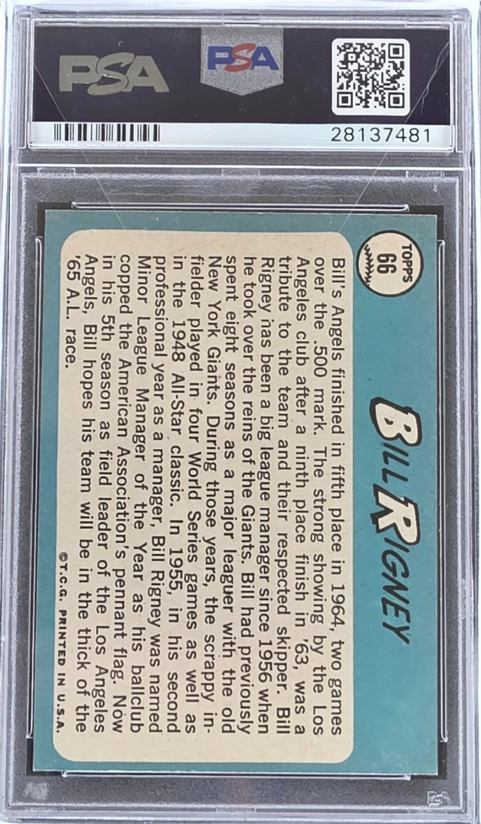 Bill Rigney 1965 Topps Baseball Card #66 PSA — reverse