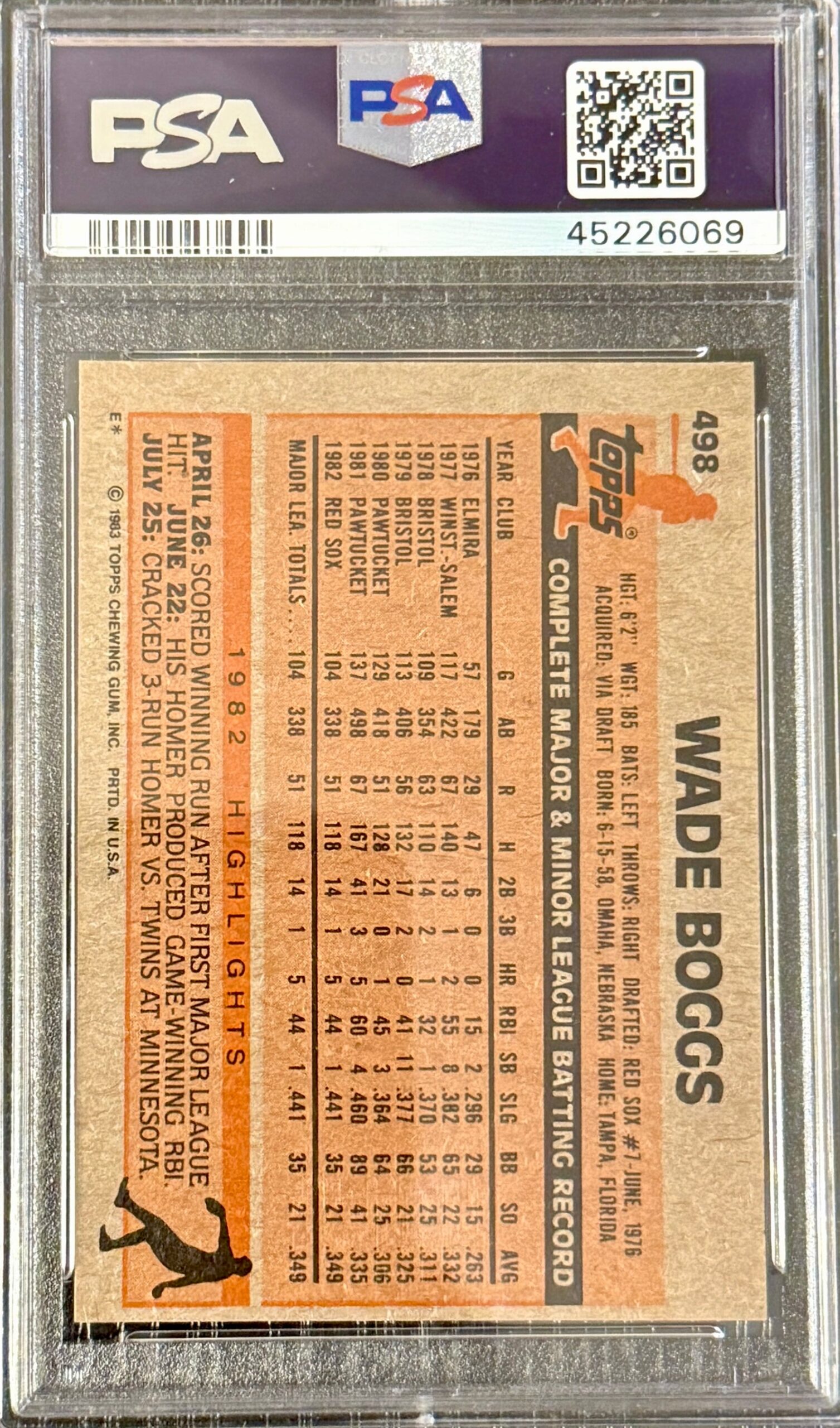 1983 TOPPS #498 WADE BOGGS ROOKIE RC (PSA 7) — reverse