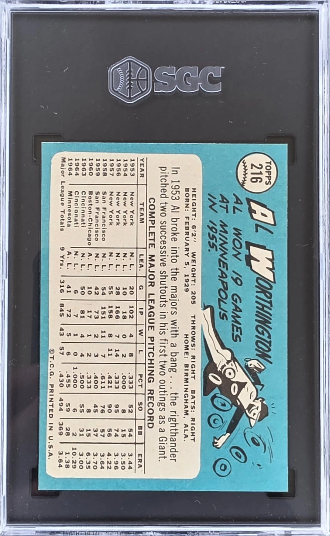 1965 topps baseball #216 Al Worthington — reverse