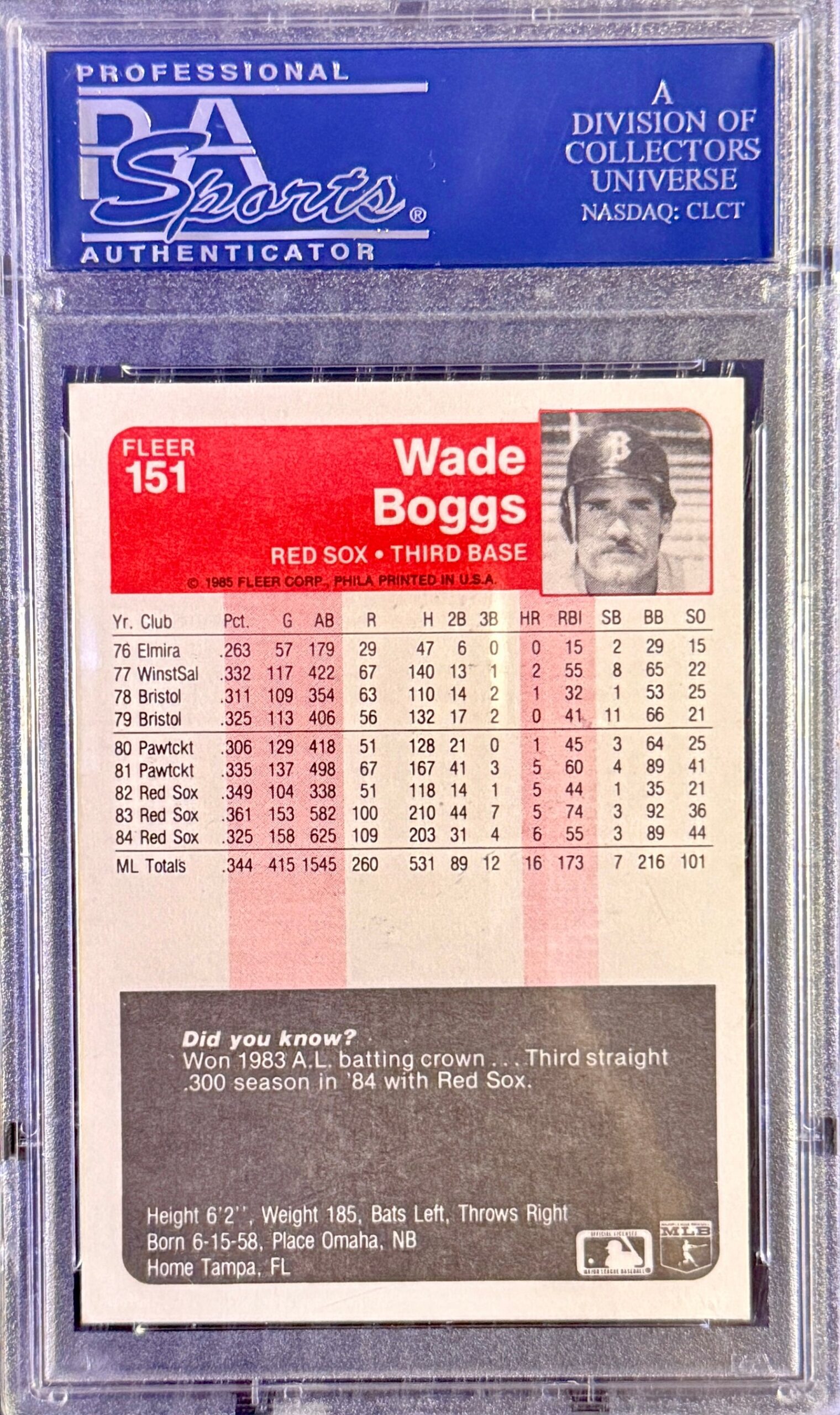 1985 FLEER # 151 WADE BOGGS (HOF) BOSTON (RARE) PSA 9 — reverse