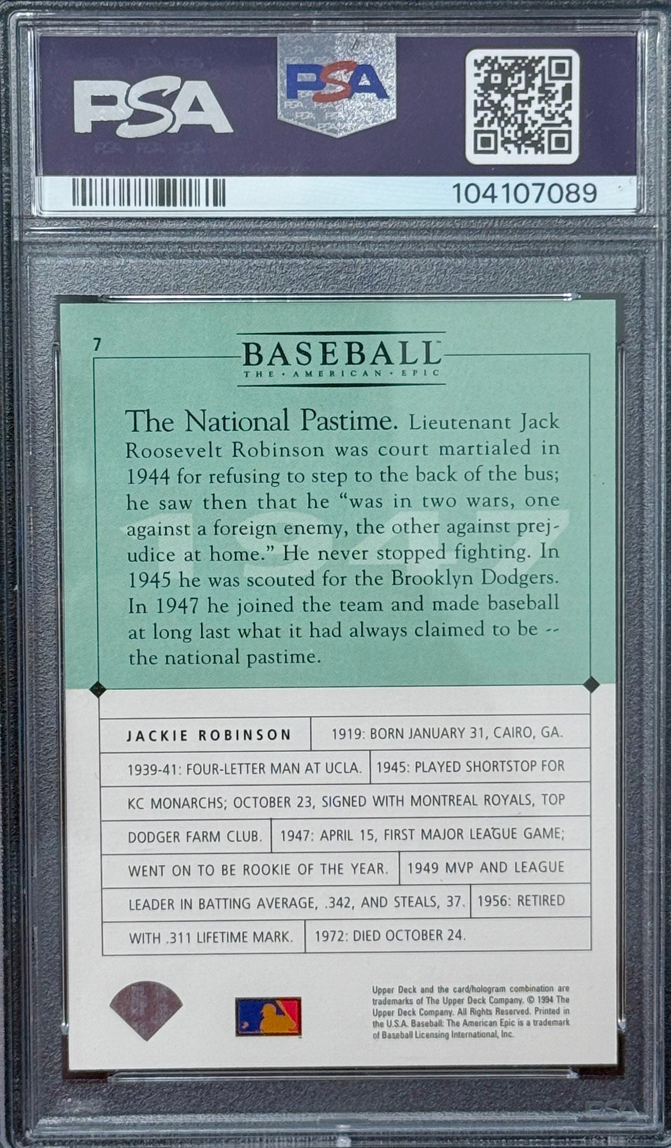 1994 Upper Deck / GM Jackie Robinson #7 Baseball Previews PSA 8 — reverse