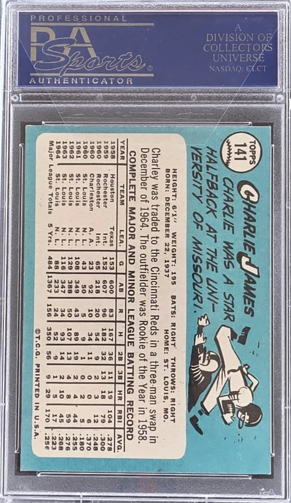 1965 TOPPS #141 CINCINNATI REDS CHARLIE JAMES — reverse