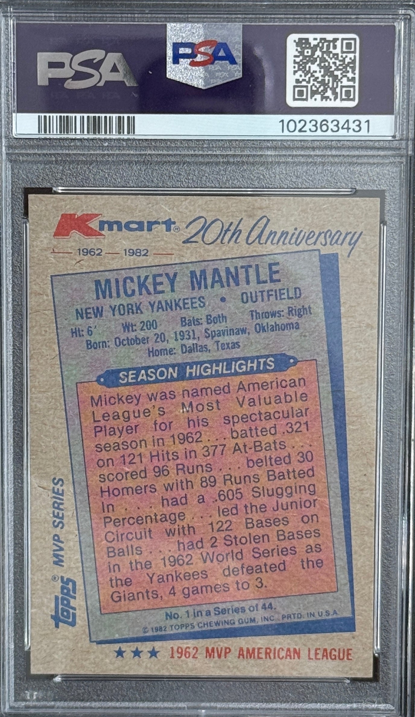 1982 Topps K-Mart Mickey Mantle HOF #1 Card PSA 9 — reverse