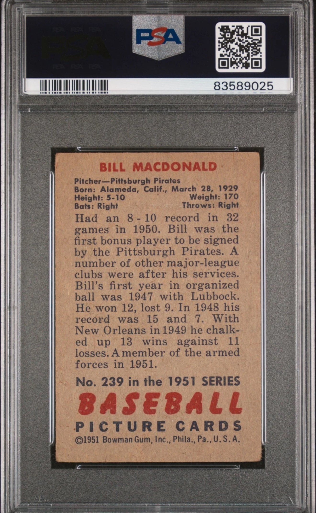 1951 Bowman Bill MacDonald PSA 3 — reverse