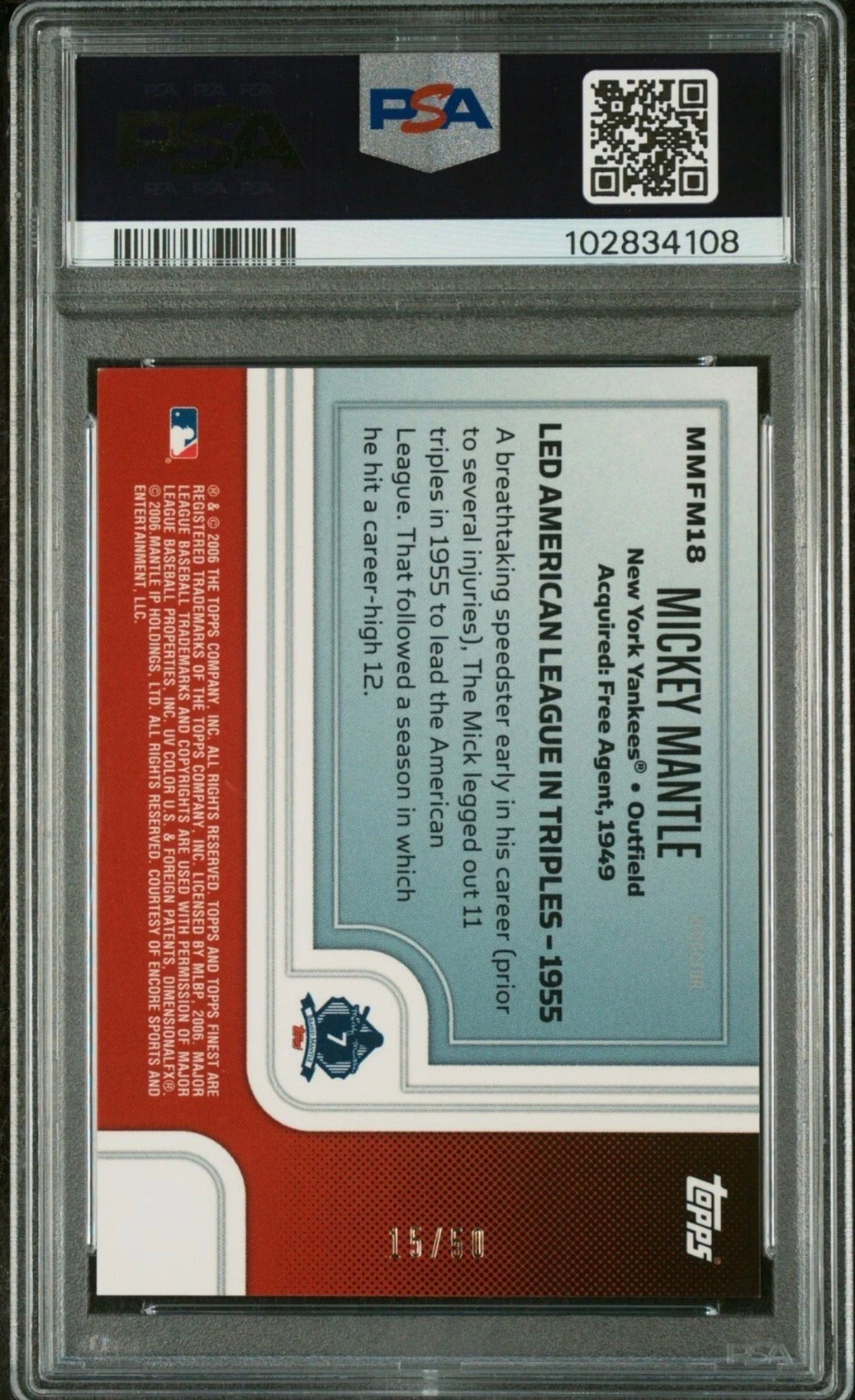 2006 Topps Finest Moments 18 Mickey Mantle Green XFractor #15/50 PSA 8 POP 1 — reverse
