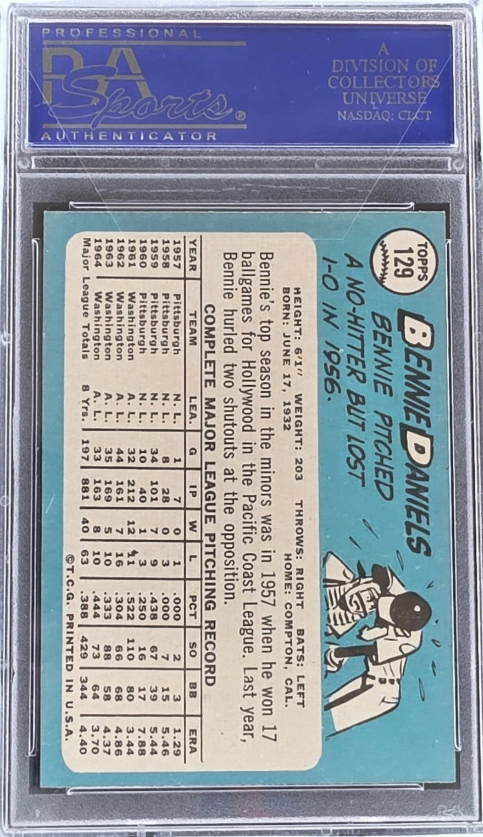 1965 Topps Bennie Daniels #129 PSA 8 — reverse
